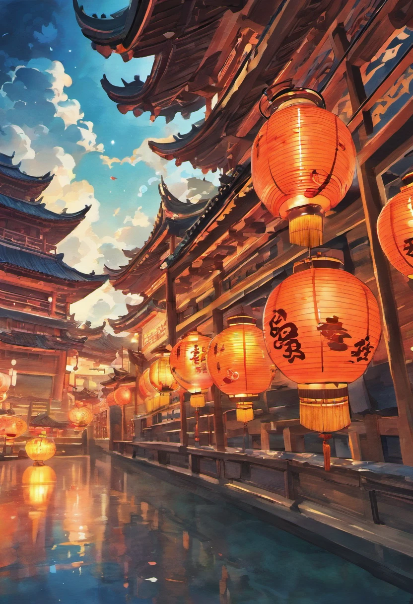 Floating lights, cinematic light and reflections, Glowing lights, Intermediate metaverse elements,Digital painting, glowing reflections, Pondering, Floating lanterns, calm evening, Digital illustration, beautiful ambiance, Sky lights at night, serene evening atmosphere, Floating lanterns, (Kongming Lantern), the night, themoon, game scenes, Ancient Chinese palaces are located above the clouds, surrounded by cloud, Homem-Imponente, glazed tiles, BUDDHA STATUE, gorgeous color, In the foreground are three arches((Color ink)), ( (Splash ink ) ), ((Splash ink) ink})),There is a background in the sky((chinesedragon)) tmasterpiece, high qulity, Beautiful graphics, Big fish begonia,high detal