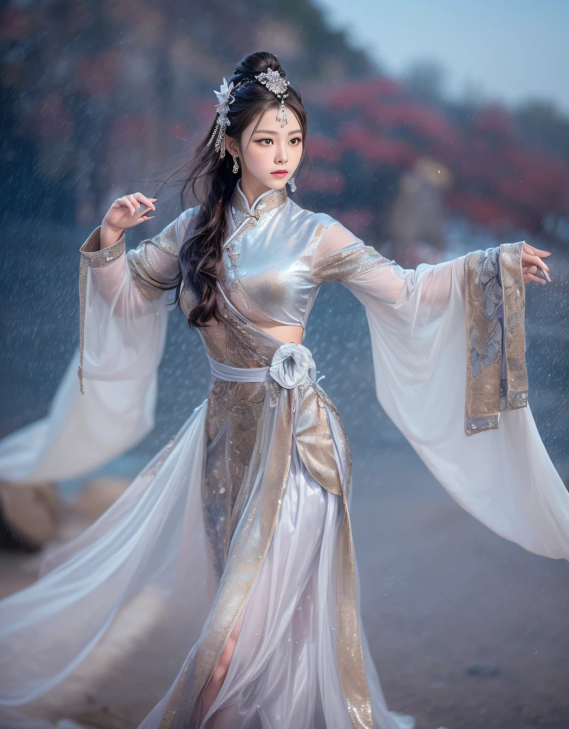 (beautiful model as Diao Chan in Chinese epic drama, beautiful Long hair), solo, ((face is 80% beauty and elegance, 20% pretty and cute:1.5)), (Her roots are in Eastern Europe and Asia), clear eyes, (detailed eyes, light brown eyes, bright pupils), Double Eyelids, (sexy lips with a little thickness:1.2), super detailed and incredibly high resolution shiny silver water sleeve costume, Highly Detailed Face Texture, (radiating confidence:1.25), striking body shape, curvy and very attractive woman, (pose emphasizing body shape:1.4), high-resolution RAW color photo pro photo, BREAK ultra high-resolution skin textures, High-res body rendering, big eyes, unparalleled masterpiece, incredible high resolution, super detailed, shiny skin, skin dantation, seductive gaze, stunning ceramic skin, BREAK Costume is (elaborate and gorgeous Chinese classical dance shiny silver water sleeve costume:1.5) and ((See-through shiny silver long skirts that dance in the wind:1.5)), (The main color is shiny silver:1.5), (Classical Chinese dance costumes with elaborate and graceful decorations:1.5), (Glittering ornaments such as necklaces and bangles), (Dancing under the moonlight on a slightly snowy night:1.5), BREAK ((Costume fluttering and fluttering by right rotational movement:1.5)), ((Hair flows in a right-handed rotary motion:1.5)), BREAK ((Best Quality, 8k)), Crisp Focus:1.2, (Layer Cut, Big:1.2), (Beautiful Woman with Perfect Figure:1.4), (Beautifully shaped and big breasts:1.3), Slender Abs、Wet Body:1.5, (Correct hand shape:1.5), (NSFW:0.5)