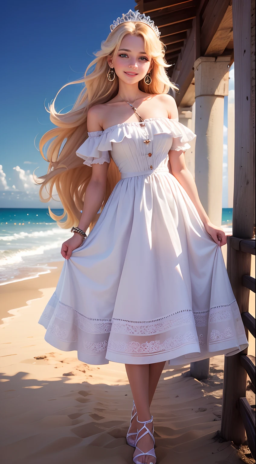 Very beautiful European style princess, portrait photo, beach, standing up straight, head and ankles straight, smiling, wearing earrings, 4k resolution