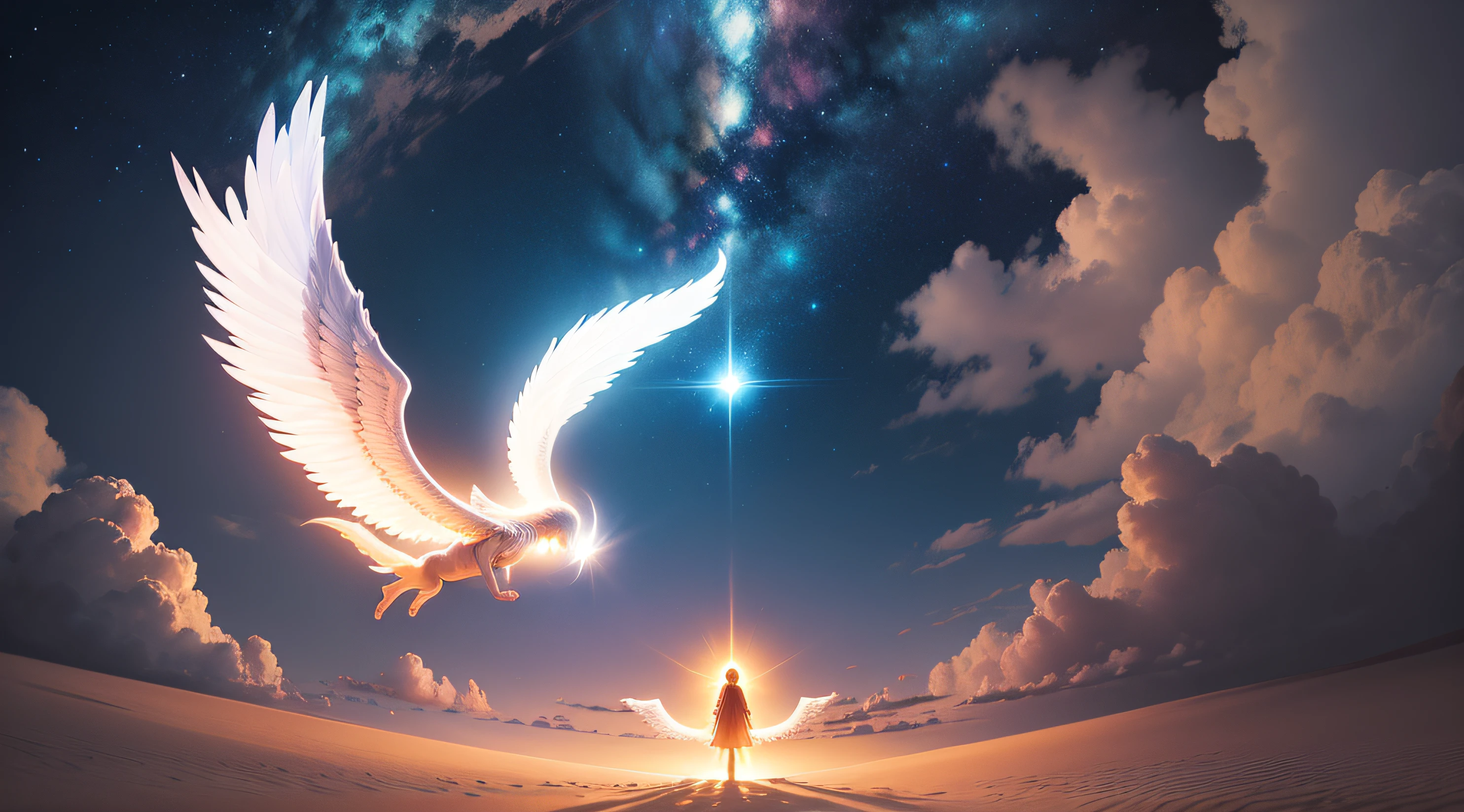 "Crie uma imagem de um caminho iluminado por uma luz celestial, com anjos voando ao redor. The image should represent the spiritual journey and guidance of the angels."