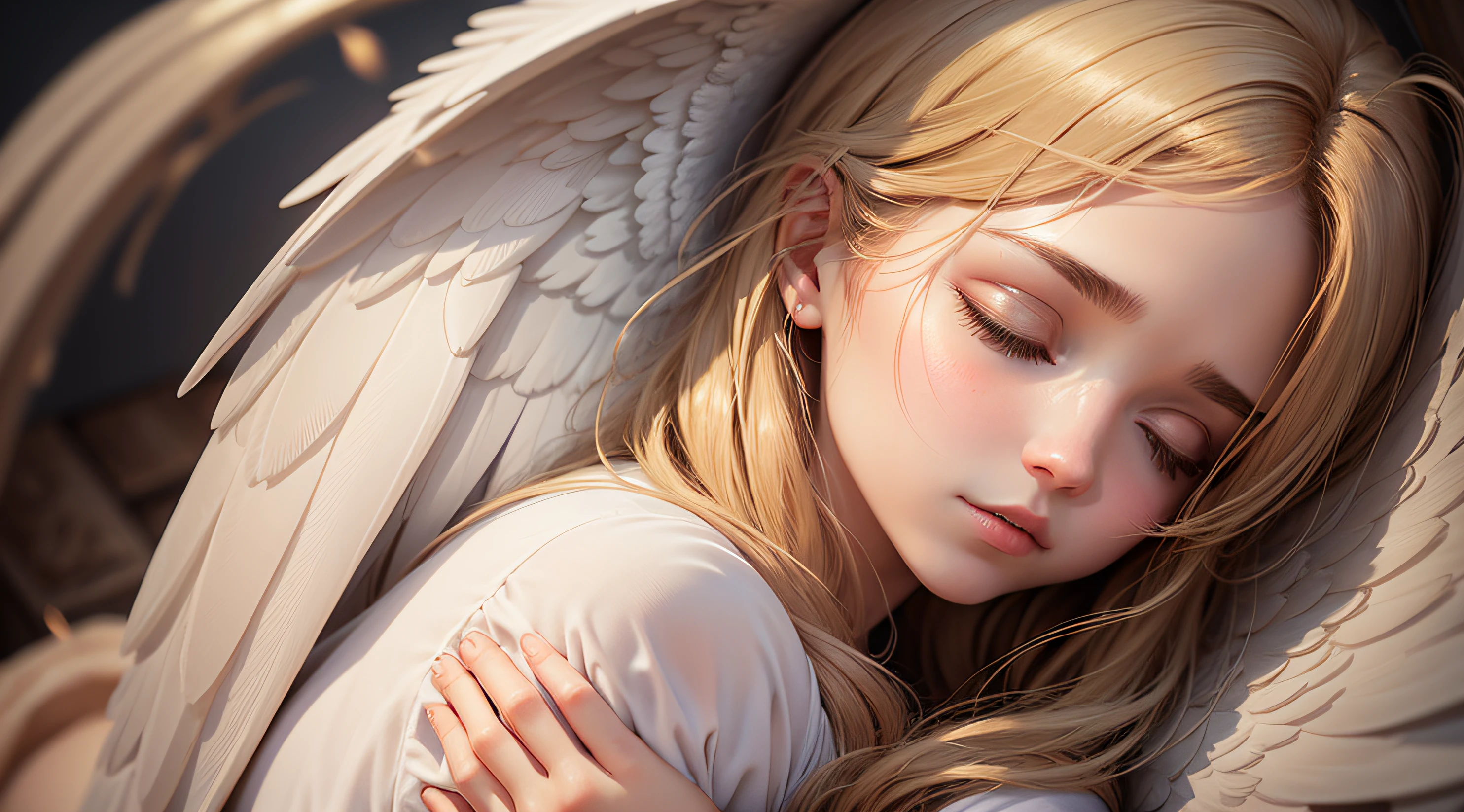 Generate an image of a guardian angel enveloping someone in a warm and comforting embrace. The scene should convey the feeling of love and protection."