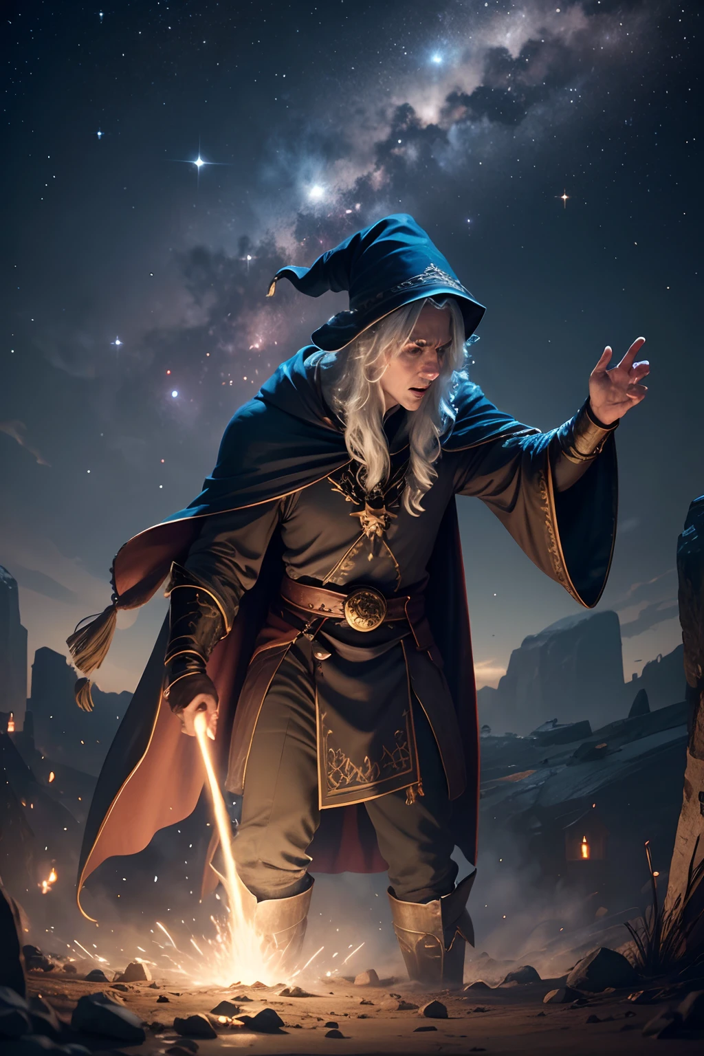 wizard conjuring meteor shower, in an epic scene, action photo, 8k footage