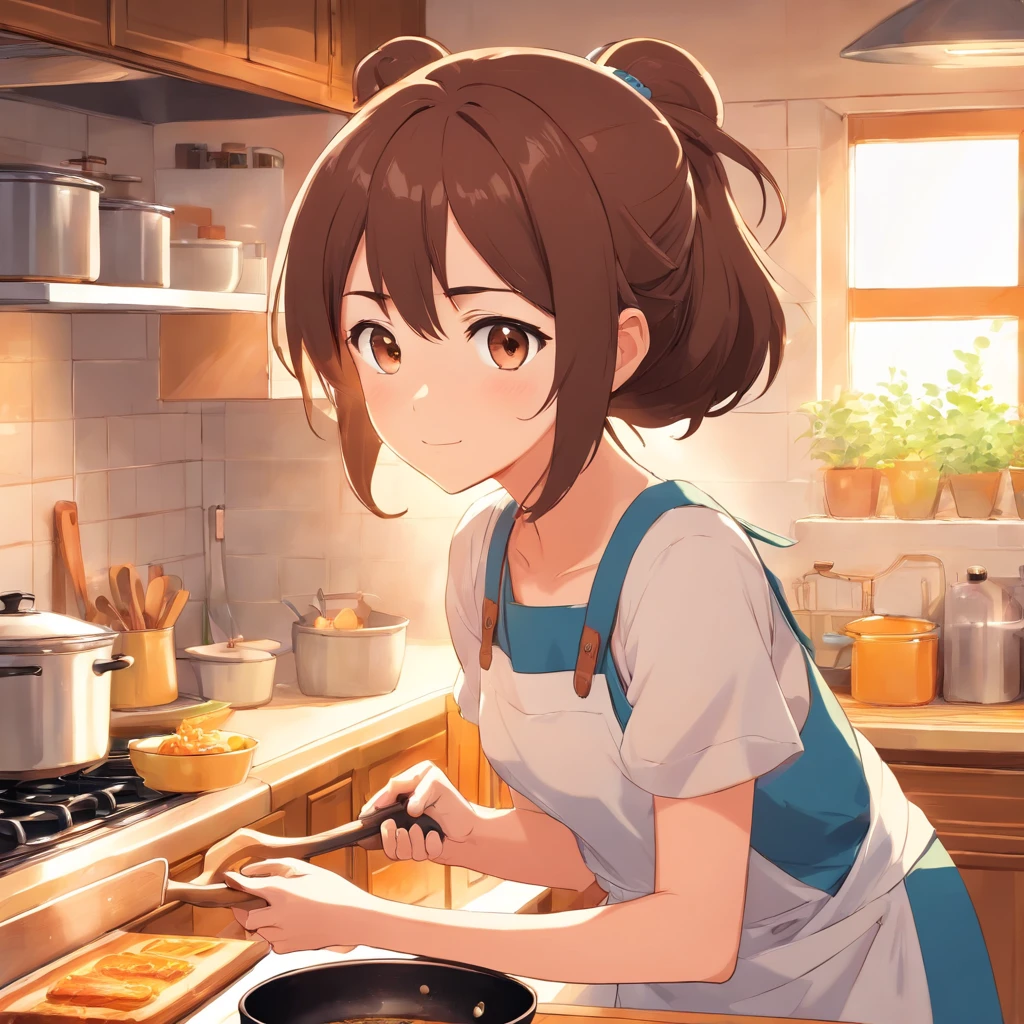 Flat anime style shading, anime woman, Anime-style characters, flat anime style,house wife、Have a frying pan, Brown hair, pinafore, Powerful Pose、kitchin, Powerful anime girl,illustratio、