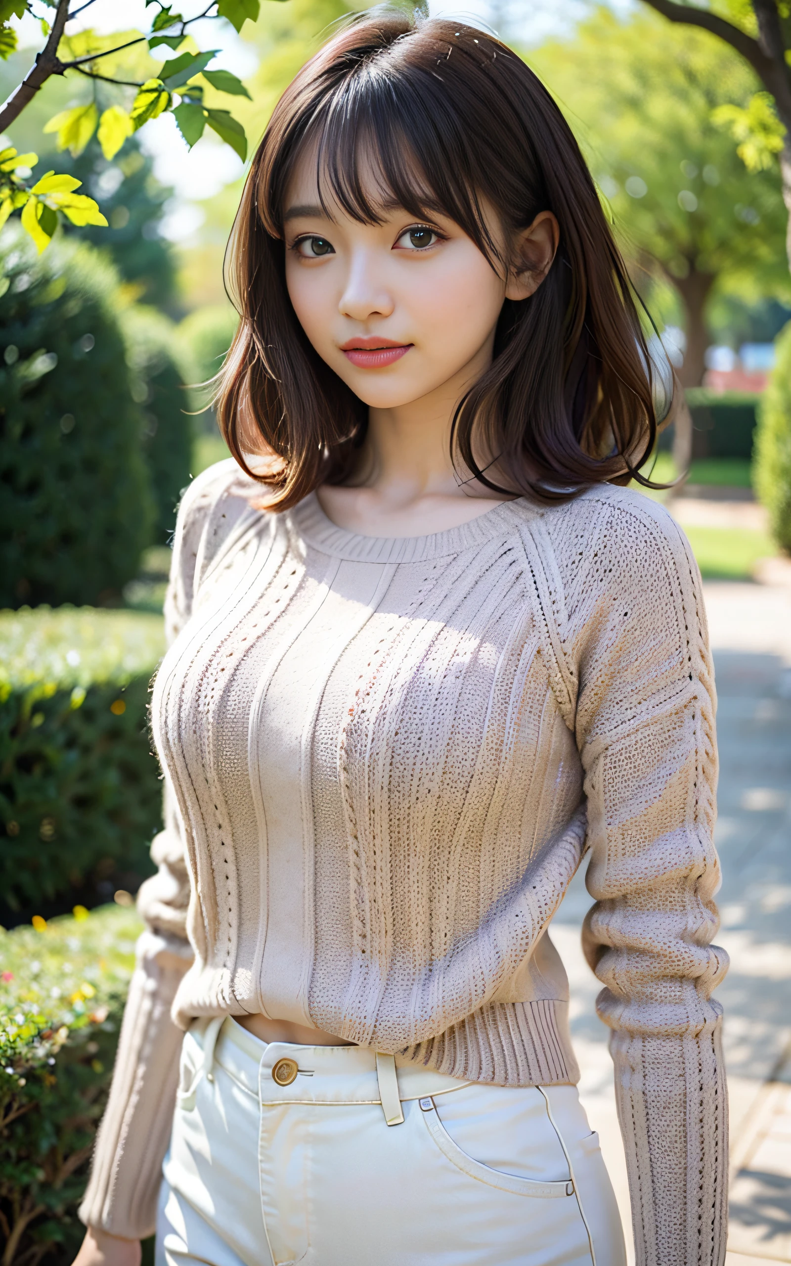 masutepiece, Best Quality, 8K, 16 yo, Large breasts, Raw photo, Professional Photography, Portrait, Soft light, Professional Lighting, Solo, Smile, close up, Face, close up, Cute, Girly, Goddess, Delicate girl, Neat and clean beauty, Upper body, Digital SLR, Looking away, Candid, Sophisticated, Film grain, (Eyes and faces with detailed:1.0), Medium length hair swaying in the wind, Bangs, Sweaters, Pants,