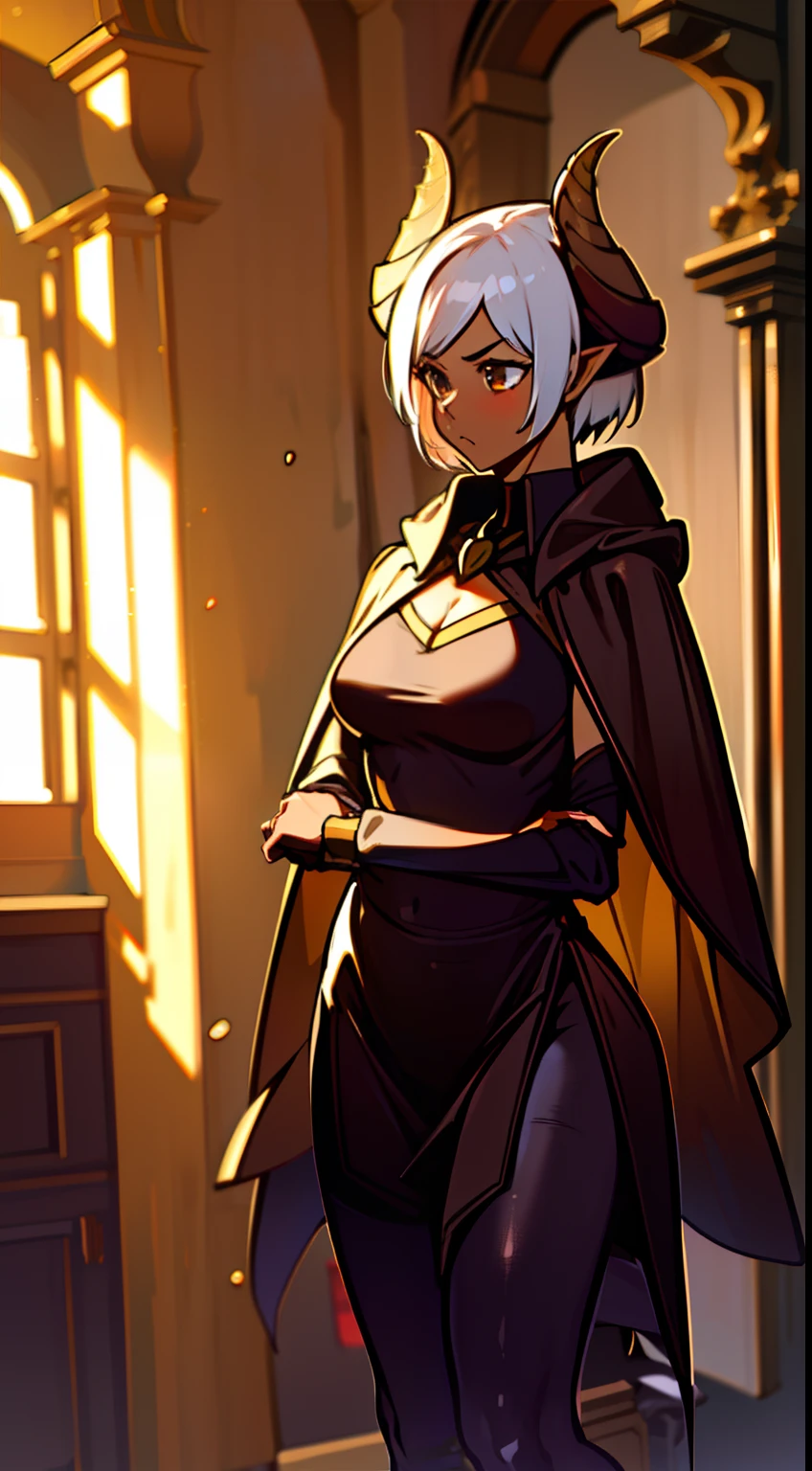 1girl 20 years,solo,(((brown skin))),angry face,black and golden short dress,medium tits,white hair,short hair,yellow eyes,elves ears,black horns,black pantyhose,Detailed,(long cape),(((standing in front of a room inside a castle))),hd,masterpiece,8k