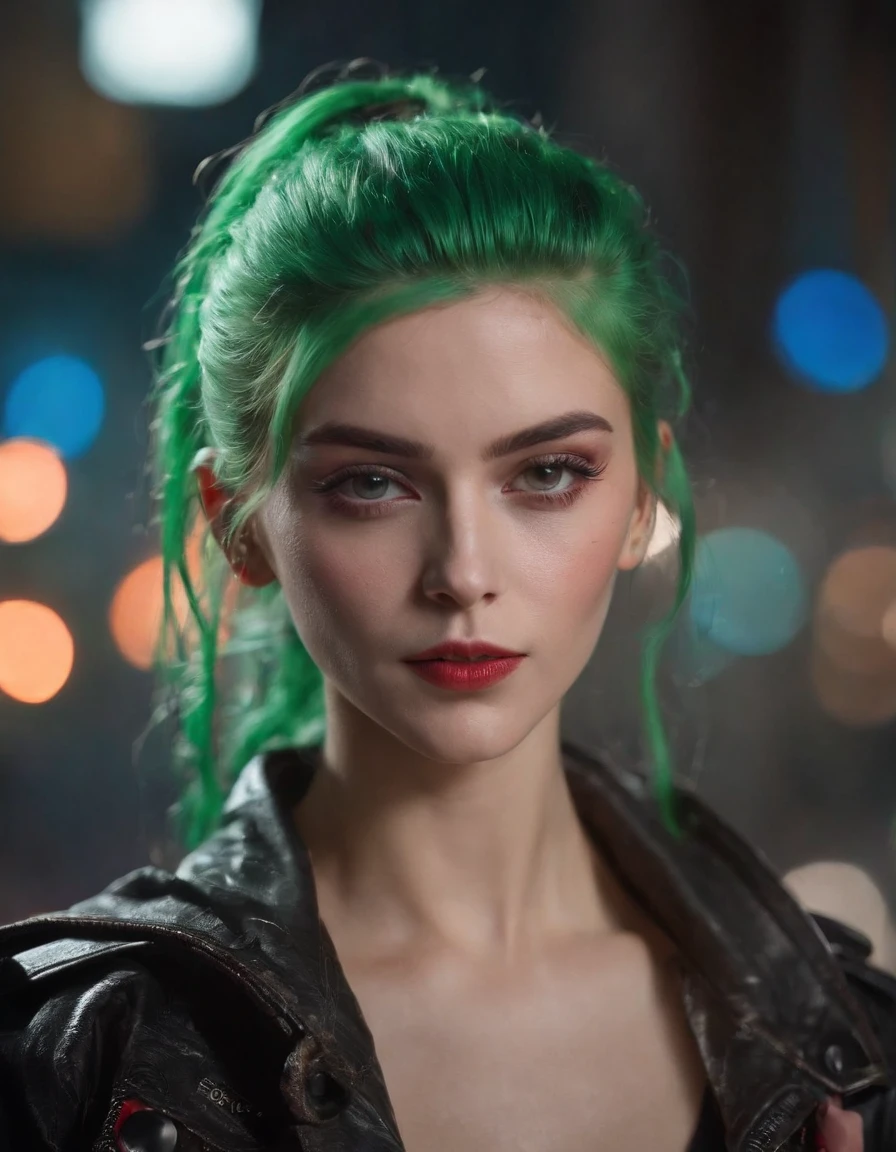 extreme closeup portrait of beautiful (80s cyberpunk:1.3), woman (ChloeNobodySD15), neon, green hair pigtails, lips pressed (serious:1.2) look (bright side light rim light:1.2) net runner jacket ,deep dark shadows ,dramatic ,camera angle, high contrast color grading, (masterpiece:1.2) ,(photorealistic:1.2), (bokeh:1.2) ,(best quality) ,(detailed skin:1.3) ,(intricate details) ,(8k), (HDR), (cinematic lighting), (sharp focus) ,(80sDarkFantasySD15b:1.2)