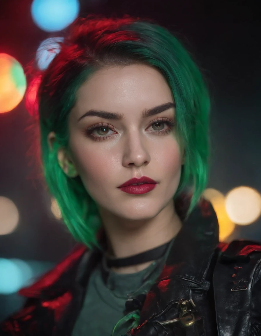 extreme closeup portrait of beautiful (80s cyberpunk:1.3), woman (ChloeNobodySD15), neon, green hair pigtails, lips pressed (serious:1.2) look (bright side light rim light:1.2) net runner jacket ,deep dark shadows ,dramatic ,camera angle, high contrast color grading, (masterpiece:1.2) ,(photorealistic:1.2), (bokeh:1.2) ,(best quality) ,(detailed skin:1.3) ,(intricate details) ,(8k), (HDR), (cinematic lighting), (sharp focus) ,(80sDarkFantasySD15b:1.2)