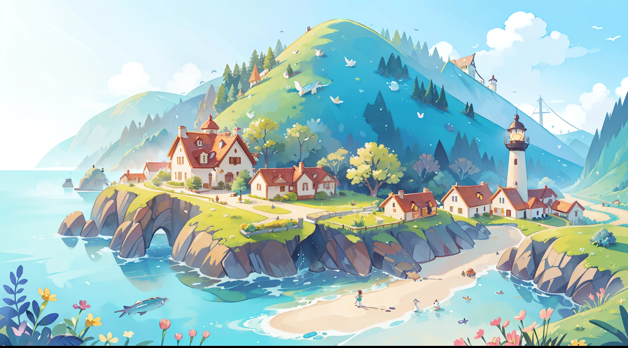 ((picture book illustration)), ocean fantasy, watercolor illustration, whimsical, warm colors, village, houses, huge lighthouse, ((masterpiece)), highly detailed environment