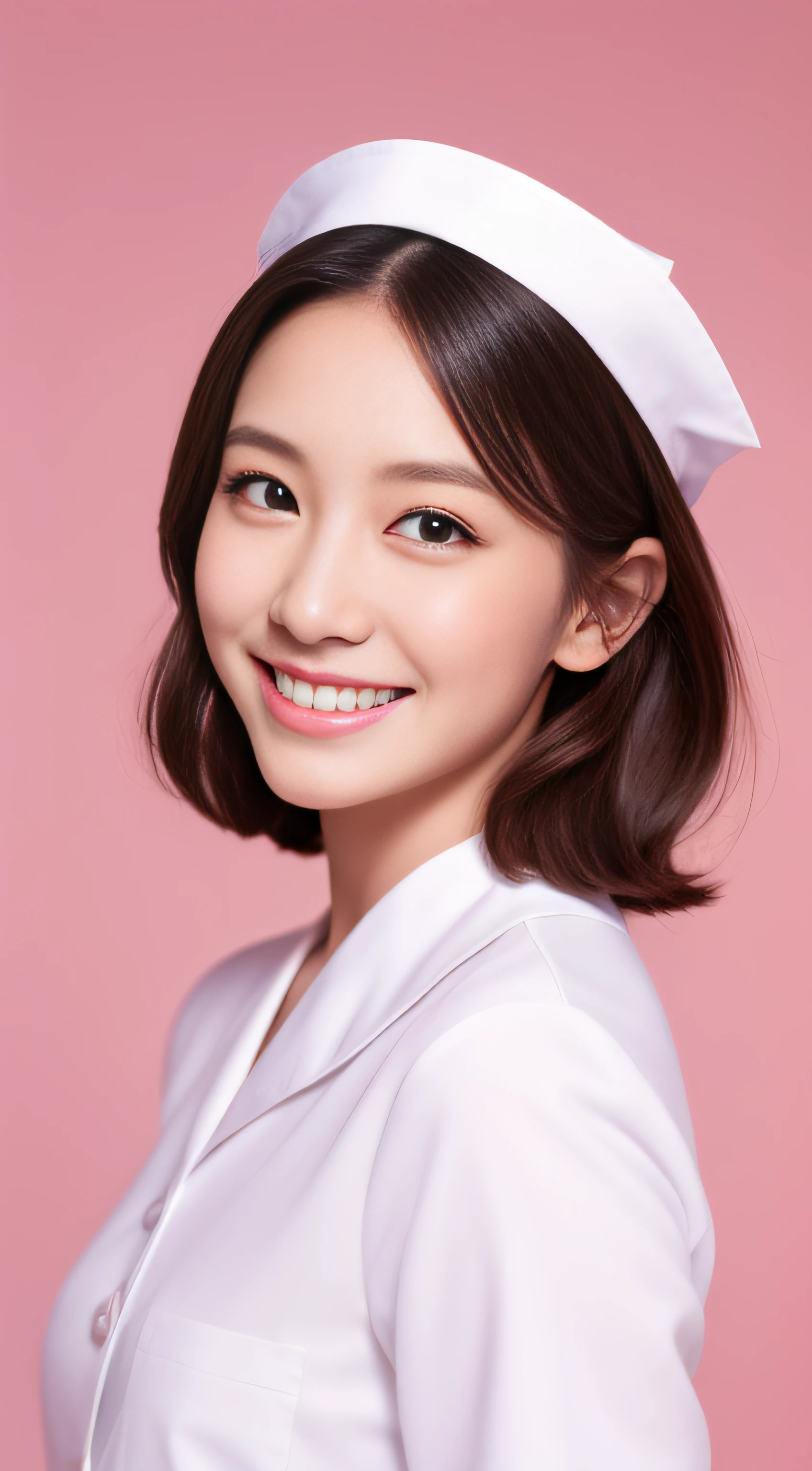 Miss Cabaret、White nurse uniform、hiquality、A hyper-realistic、healthy、Smiling expression、Slender perfect figure、Japan beauties、beautidful eyes、face perfect、Beautiful skin、Pink background