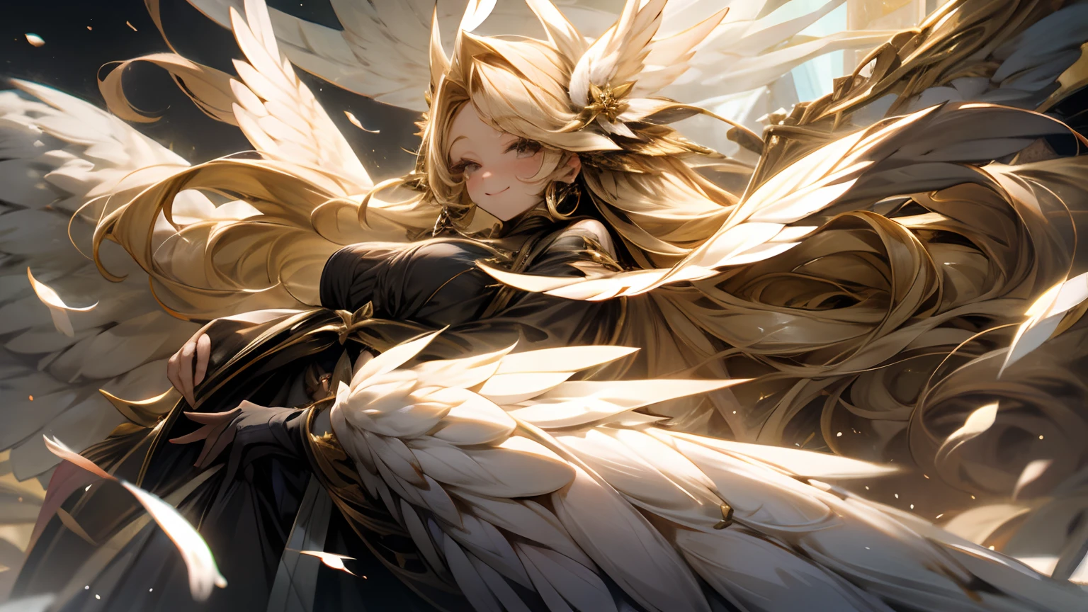 Feathered Goddess、Beautuful Women、Super super huge big、smil、blond hair、black dress