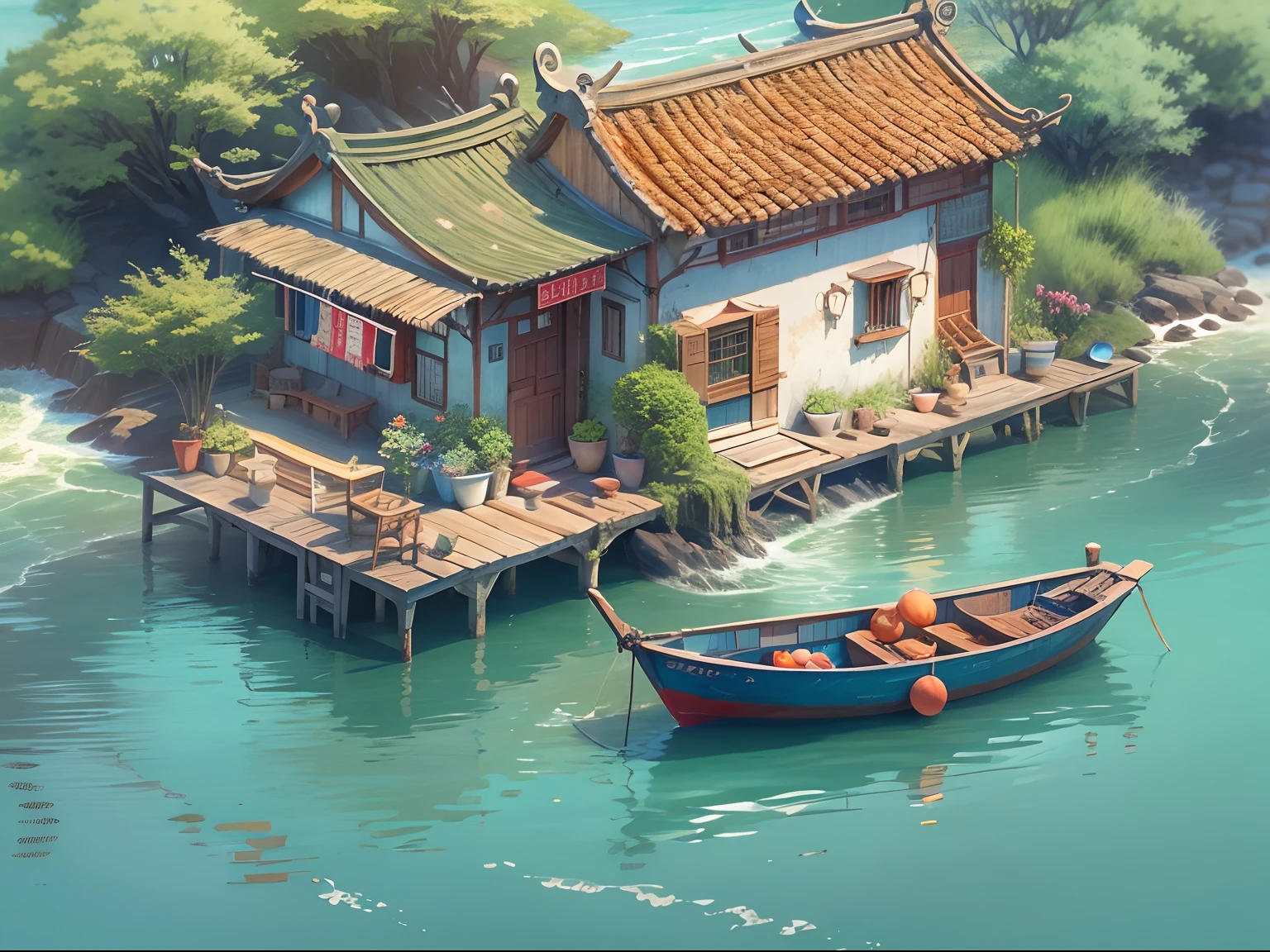 Seaside cottage, Blue sky, baiyun, small boats, the detail, k hd, best qualityer.