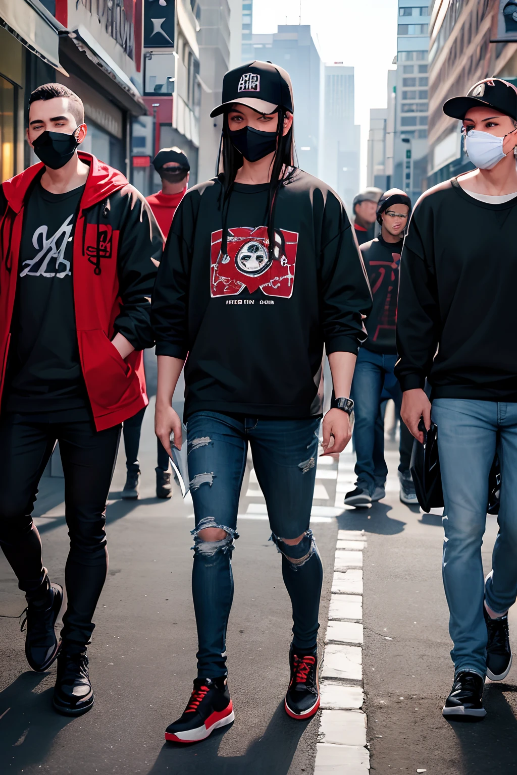 Men from a gang wearing jeans stained black, with black shirts and sweatshirts, black or red caps, and some men wearing red tribal masks