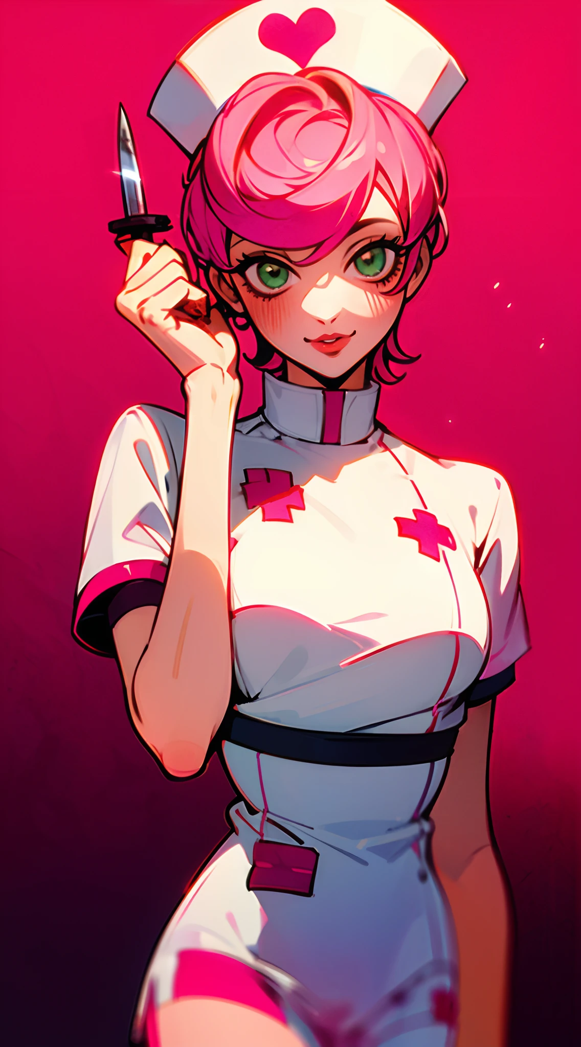 trishuna, trishjojo, trish una, solo, female focus, 1girl, girl, pink nurse outfit, sexy nurse, nurse, nurse hat, short nurse dress, doctor’s office, needle, smile, slight blush, pink lipstick, full lips, crazy yandere nurse, yandere, crazy nurse, in love, hospital, blood, bloody, knife in hand, knife, green eyes, hearts, heart eyes, blood on clothes