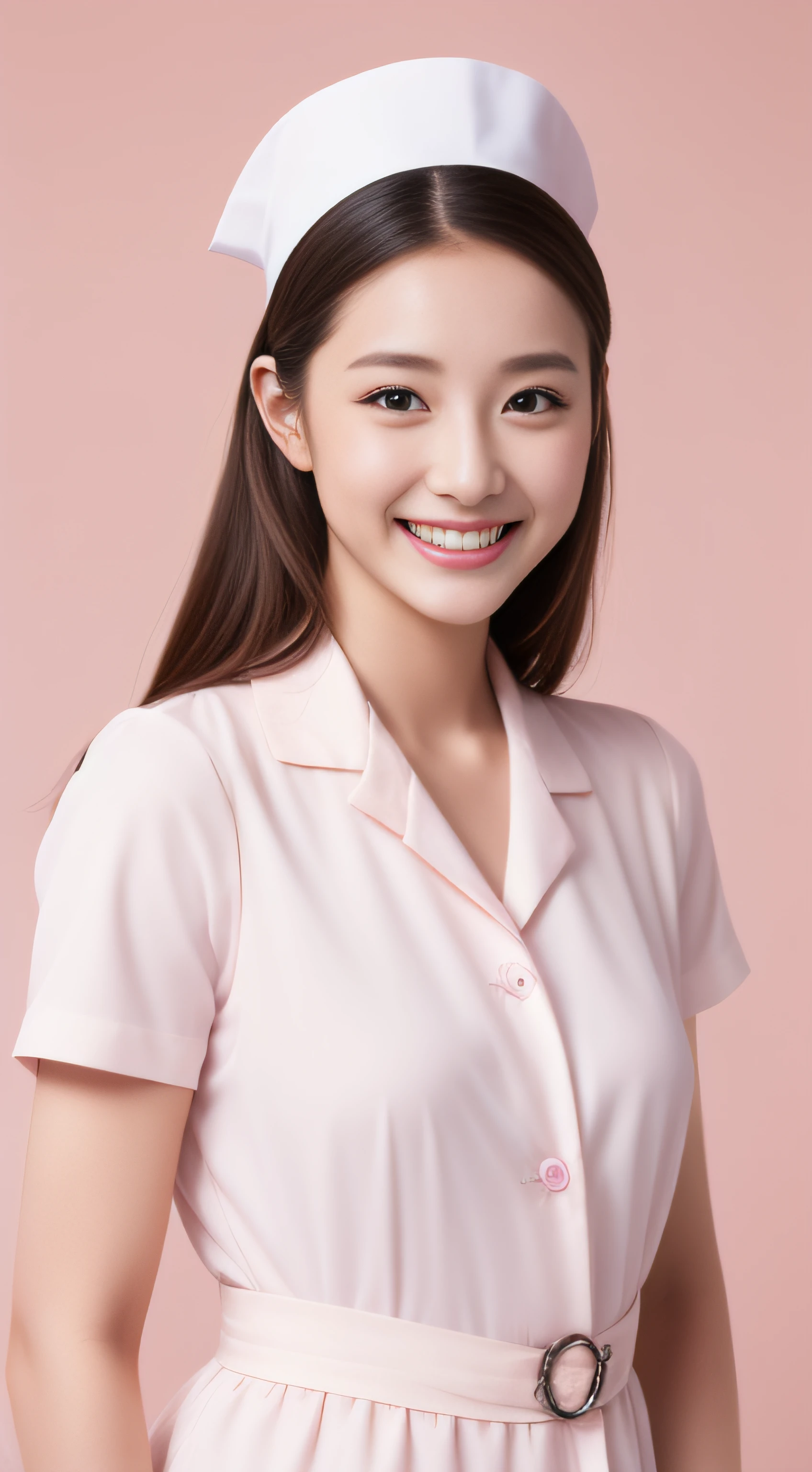Miss Cabaret、White nurse uniform、hiquality、A hyper-realistic、healthy、Smiling expression、Slender perfect figure、Japan beauties、beautidful eyes、face perfect、Beautiful skin、Pink background