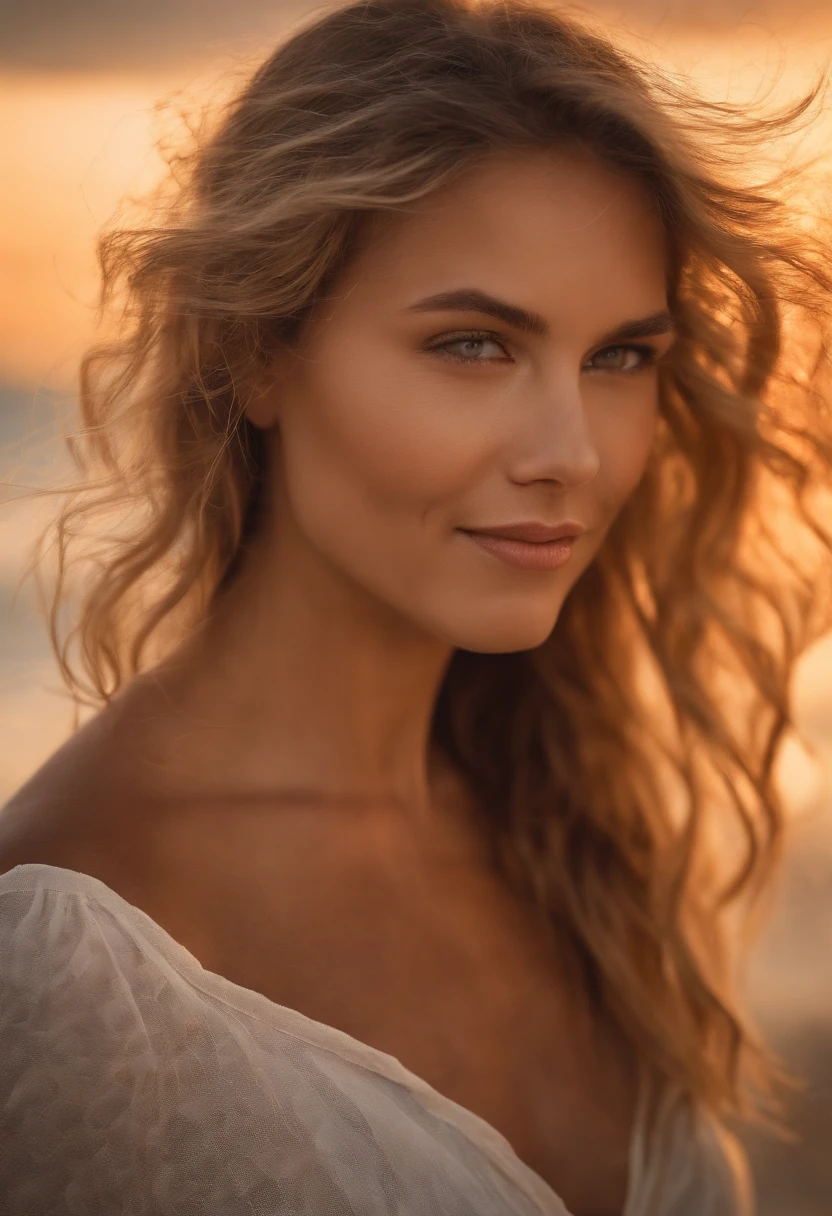 Our captivating woman with extra long wavy blonde hair and mesmerizing eyes stands on a windswept beach during a vibrant sunset. Her hair dances in the breeze, and her eyes sparkle in the warm, golden light. The scene is filled with the tranquil sounds of crashing waves, creating a serene and romantic atmosphere. This prompt follows a romantic and dreamy painting style, using watercolors to capture the softness of the scene,