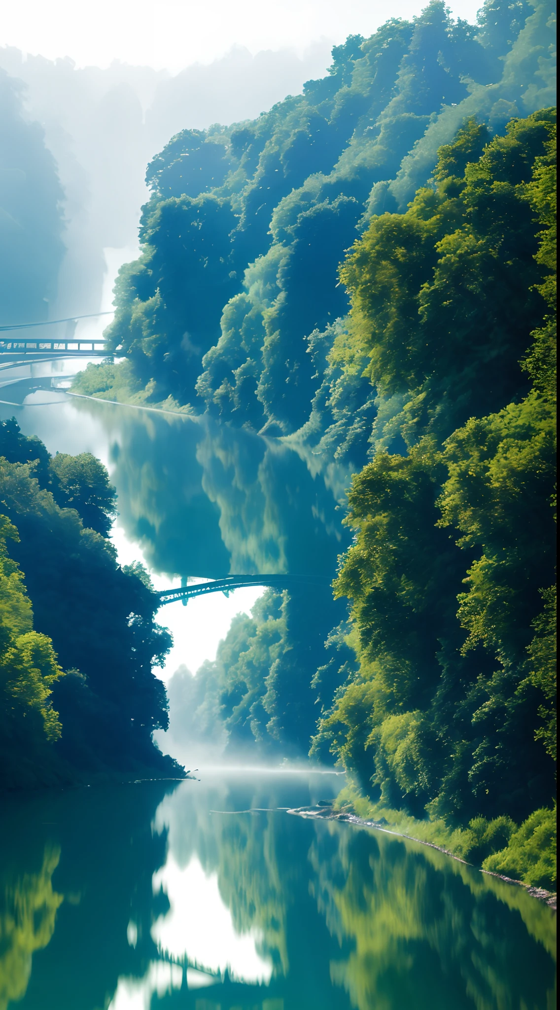 Analog style,ChromaV5,nvinkpunk,(extremely detailed CG unity 8k wallpaper),An image of a majestic river, trees on the sides, tiny waterfall, intense fog ,award winning photography, Chromatic Aberration, Detailed , HDR, Bloom, style by Monet, Pissarro, and Sisley ,trending on ArtStation, trending on CGSociety, art by midjourney