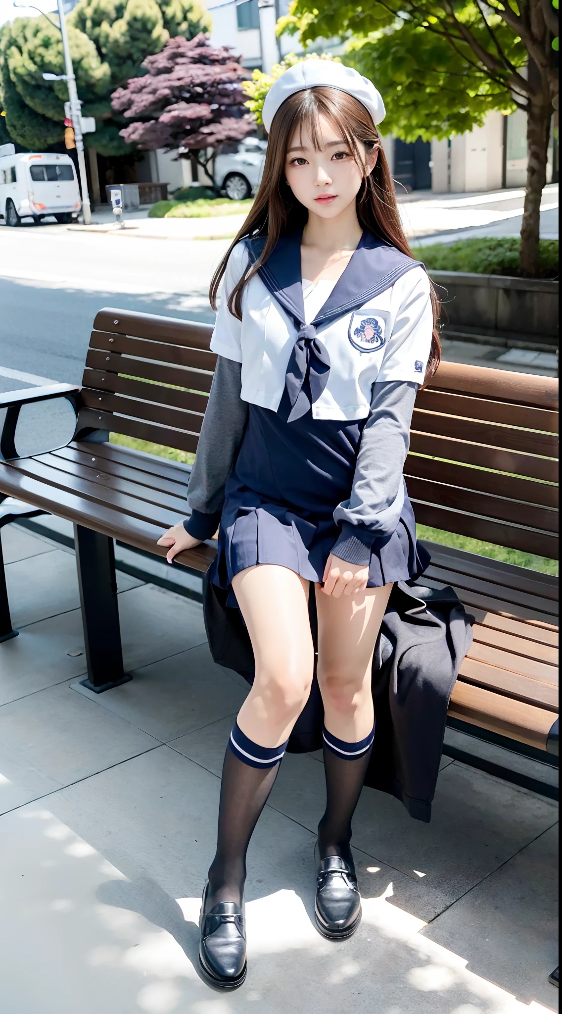 mix4, (16 K, Raw photography, Top image quality, masterpiece: 1.45), (realisitic, Photorealsitic: 1.37), one girls, 7.5, etc、Standing figure,cute little, A city scape,, profetional lighting, photon maping, Cityscape with street trees, physically-based renderingt, Gradient dark brown hair,, a handsome, Well-groomed and beautiful eyes、Large double eyelids、Very shiny、girl with, (((student clothes、Long sleeve sailor suit worn by Japan schoolgirl、red cuffs、Dark blue mini skirt, Small gray beret、Dark blue knee-high socks、Black loafers))), Top Quality Photos, hight resolution, 1080p, (clearface), (Detailed face description), (Detailed hand description), (masterpiece), (Exquisite CG)、extreme light and shadows、dishevled hair、master work、abundant detail、(Fine facial features)、(top quality photo)、(masuter piece)、(A detailed eye)、Look in front of you、Fine clavicle、((Slender big))、(((Japan schoolgirl in long-sleeved sailor suit)))、((Ready Idol System))、((Boulevard with street trees、Bus stop、timetable、Benches))、(Shooting from random perspectives)、(((Anyway cute)))、耳Nipple Ring、A big smile、Drawing the whole body from the knees、Do not draw nasolabial folds、(((Long-sleeved sailor suit)))、(Big breasts that hang down big:0.7)、Big buttocks with tension、Two arms and two legs、(((from the front side:0.5)))、bare hand、