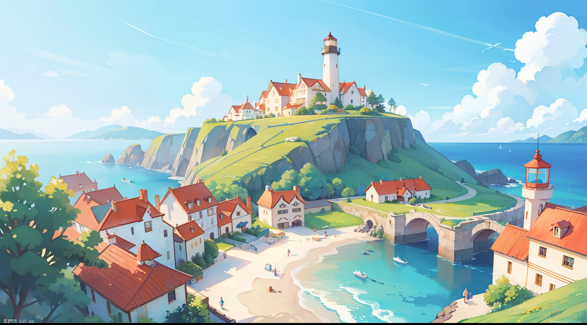 ((picture book illustration)), ocean fantasy, watercolor illustration, whimsical, warm colors, village, houses, huge lighthouse, ((masterpiece)), highly detailed environment