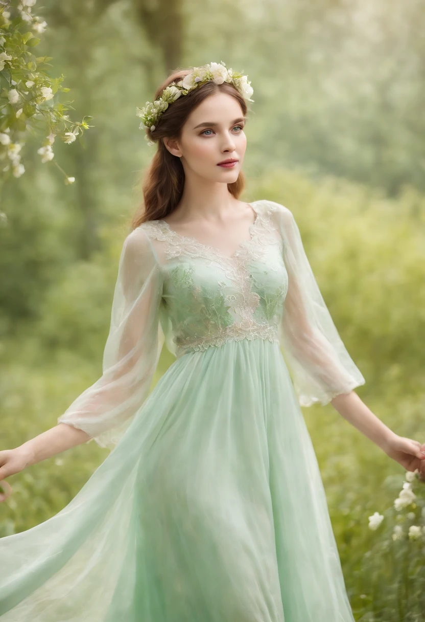 (Exquisite watercolor style)The wonderland of elf princesses，Charming and colorful environment，Colorful flowers，Green grass，Soft sunlight shines on her slender figure，Wearing a gorgeous dress，Pair it with sparkling gemstone jewelry，She floats gracefully in the air，The eyes reveal wisdom and innocence,upper body