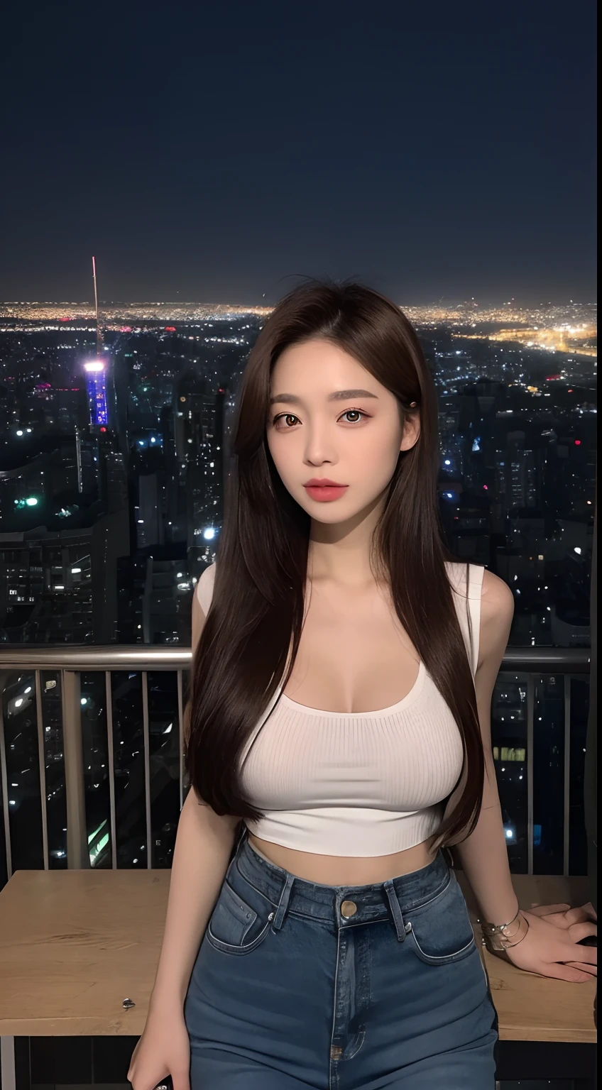 ((Midnight, Best quality, 8k, Masterpiece :1.3)), Whole body, Long legs, Sharp focus :1.2, A pretty woman with perfect figure :1.4, Slender abs :1.1, ((Dark brown hair, Big breasts :1.2)), (White tight tshirt busty and sexy, Jean bib, Standing:1.2), ((Night city view, Rooftop:1.3)), Highly detailed face and skin texture, Detailed eyes, Double eyelid