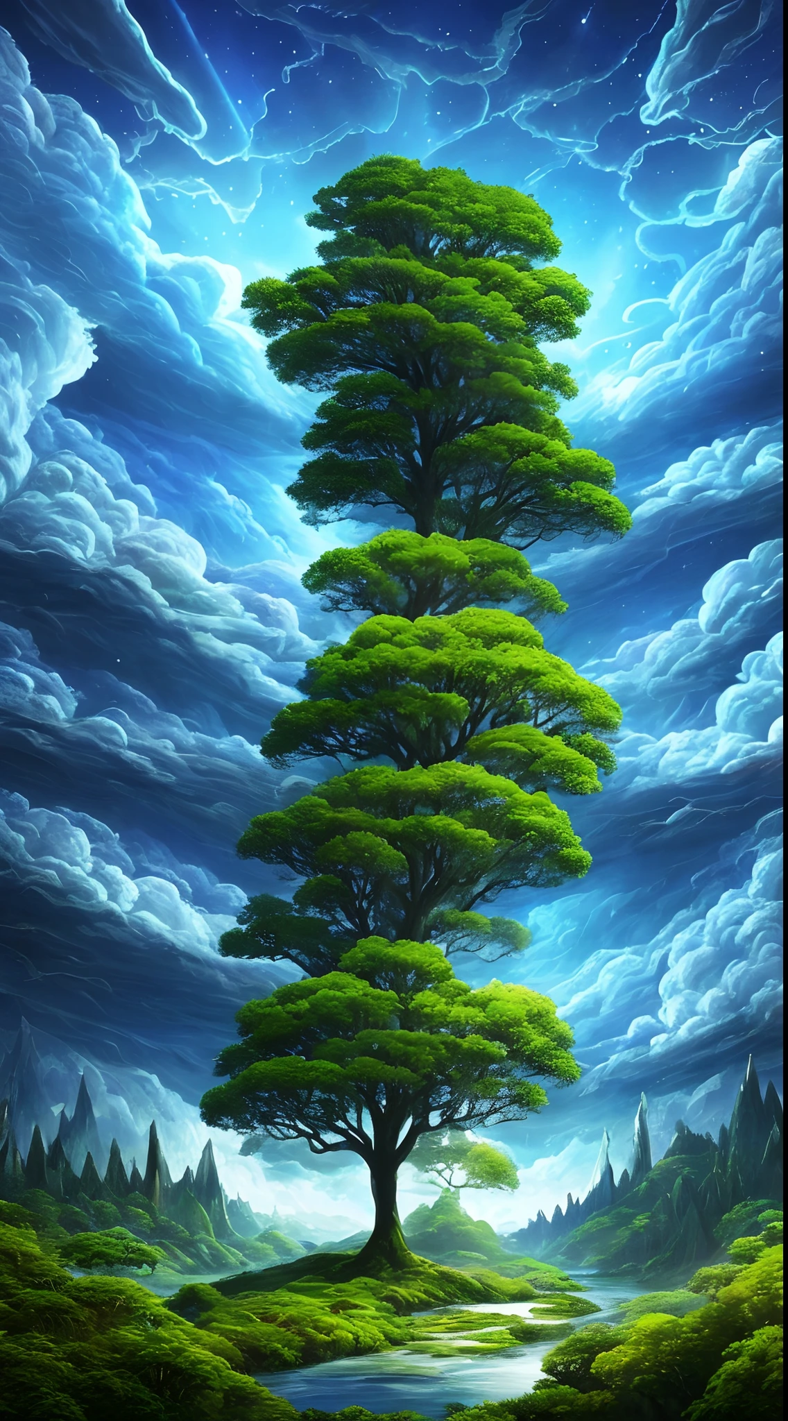 Illustration of a surreal, otherworldly, hyper sky scene including a giant crystal tree full body, highly detailed and magical lighting, intricate forest details, vegetation and surrounding river, solar punk, landscape, giant tree , beautiful green leaves, beautiful lighting and realistic proportions, as if this is a movie background, 8k, highest quality, masterpiece, clouds and stars in the sky.