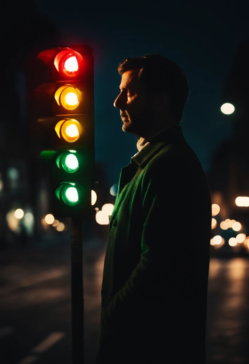 Man with a traffic light face