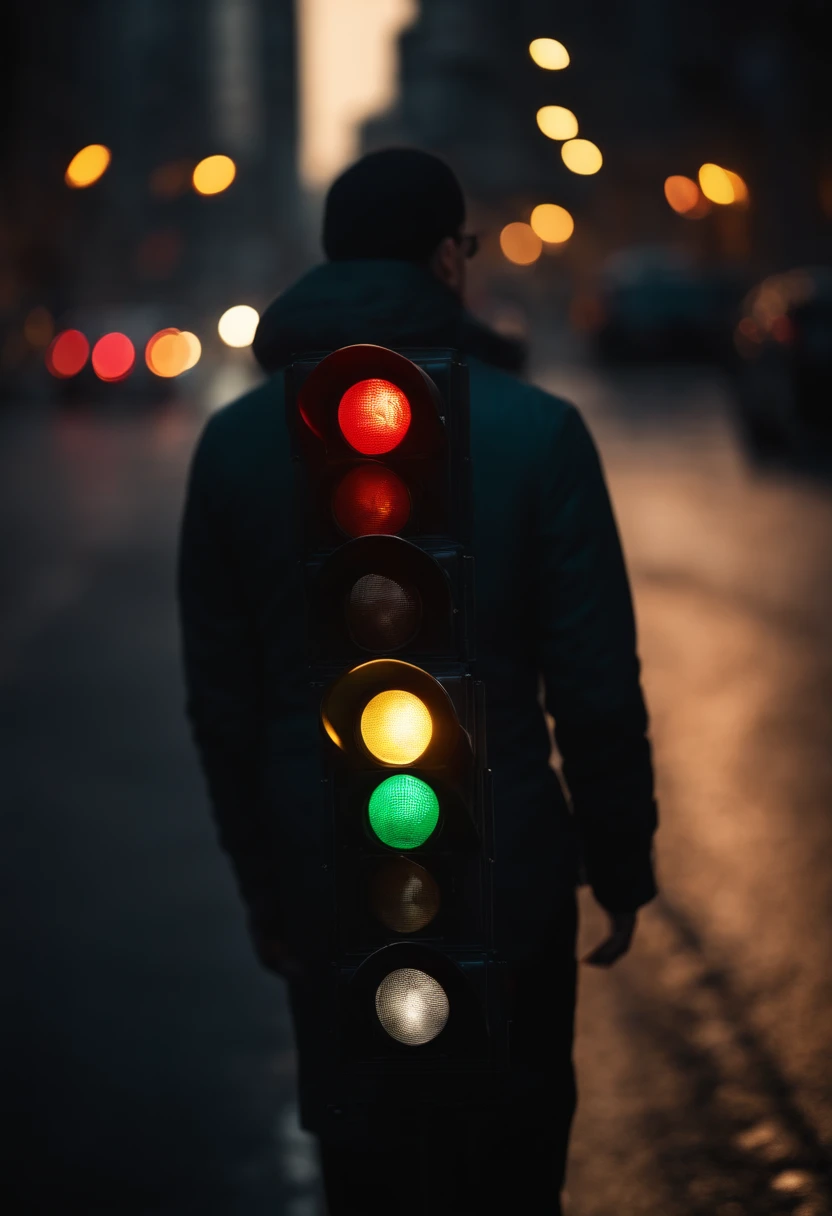 Man with a traffic light face