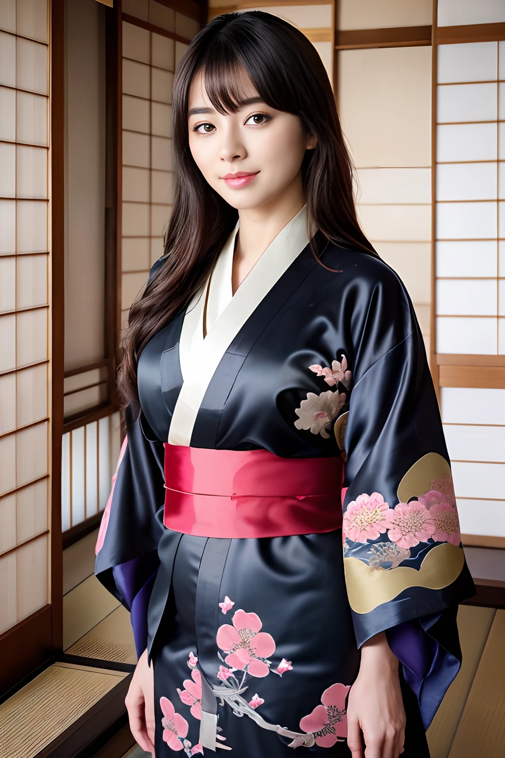unparalleled masterpiece ever, Ultra realistic 8K CG, Perfect Artwork, 1girl in, Beautuful Women、Beautiful posture、Well-groomed hair、portlate、Polite woman、Daughter of a samurai of the Edo period、Brought up strictly in discipline、(Rich:1.5), polite、Hand Hands Pose、Maximum 4 fingers and 1 thumb relationship, Bow a little、kindly smile、Happiness、Blissful、rikka、Fulfillment、Realistic texture、Princess, Elegant、hali々and has、Looking at Viewer, ((Perfect female figure)), Black hair, Black eyes, enticing, clean, Beautiful face, Pure face, pale skin, length hair, Skindentation,Clean hair ornament、hairpin、Wearing tabi boots、(Highly detailed 8K Japan kimono and silk long garments and dresses:1.5), (Expensive kimono、vivid colored kimono、Delicate pattern, intricate detailes), The background is a samurai residence in the Edo period、blur backgroun、