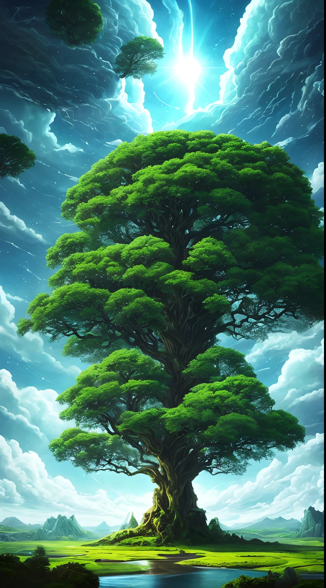 Illustration of a surreal, otherworldly, hyper sky scene including a giant crystal tree full body, highly detailed and magical lighting, intricate forest details, vegetation and surrounding river, solar punk, landscape, giant tree , beautiful green leaves, beautiful lighting and realistic proportions, as if this is a movie background, 8k, highest quality, masterpiece, clouds and stars in the sky.