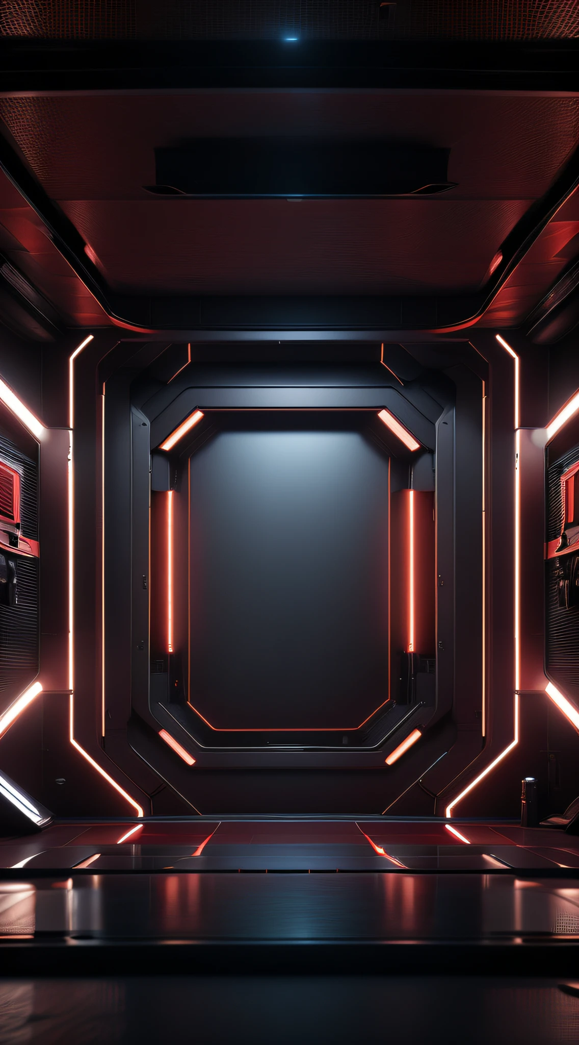 symetrical composition，red tint，neonlight，cyber punk style，No Man,Science fiction,Cable,scenery,Indoors,(Masterpiece, Best quality:1.3),HD,8K,super detailing,Science fiction,scenery,Round stage