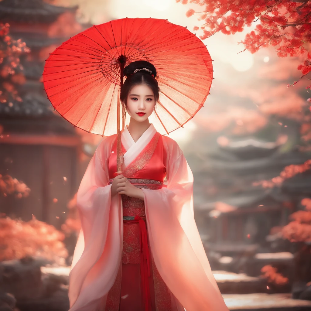 1girl with umbrella , (hanfu), glowing, sidelighting, wallpaper, artwork