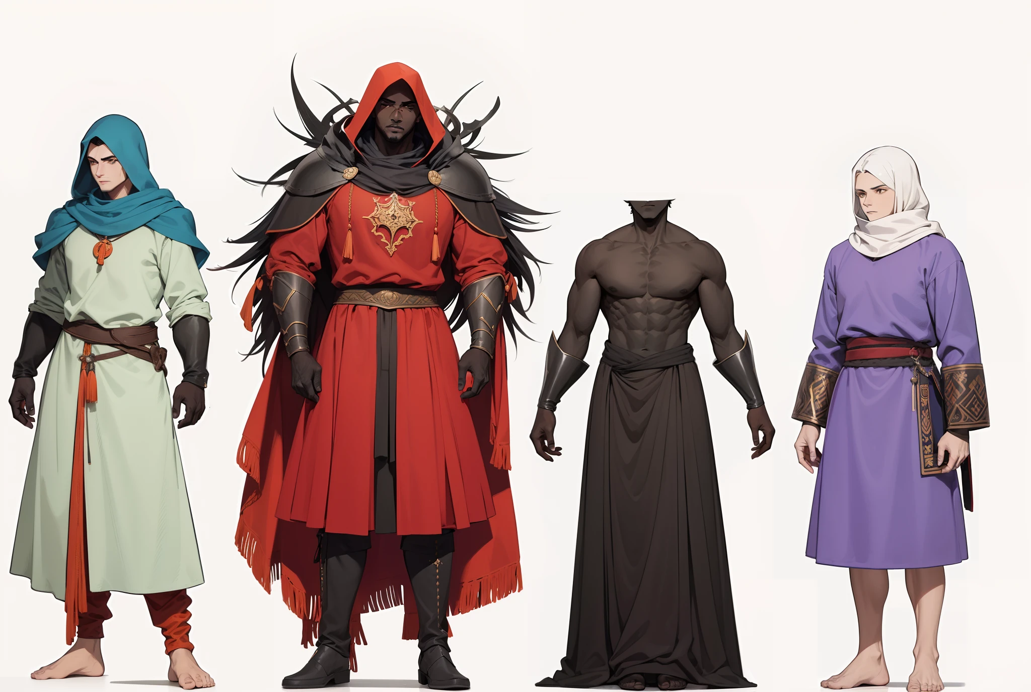 Um grupo de 4 humanos com roupas medievais para o frio, o vermelho sendo um homem negro,de preto uma mulher loira, de roxo um homem magro e de capuz um homem forte com cabelo de cor laranja 🧡,estilo manga