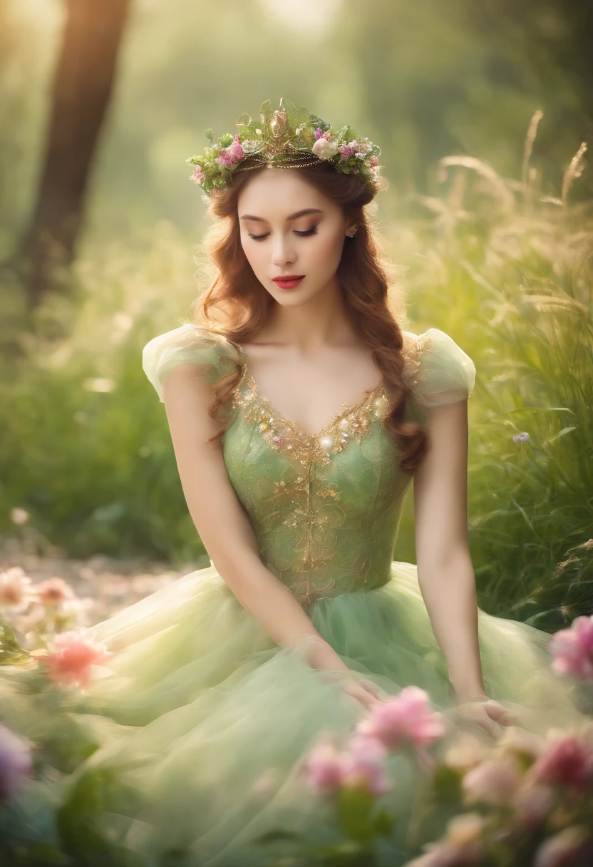(Exquisite watercolor style)The wonderland of elf princesses，Charming and colorful environment，Colorful flowers，Green grass，Soft sunlight shines on her slender figure，Wearing a gorgeous dress，Pair it with sparkling gemstone jewelry，She floats gracefully in the air，The eyes reveal wisdom and innocence,upper body
