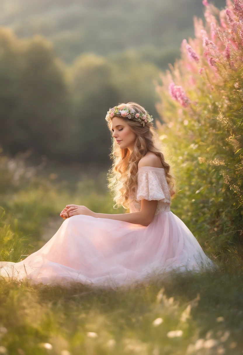 (Exquisite watercolor style)The wonderland of elf princesses,Charming and colorful environment,Colorful flowers,Green grass,Soft sunlight shines on her slender figure,Wearing a gorgeous dress,Pair it with sparkling gemstone jewelry,She floats gracefully in the air,The eyes reveal wisdom and innocence,upper body