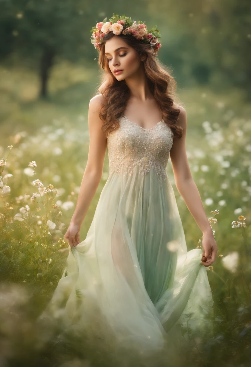 (Exquisite watercolor style)The wonderland of elf princesses,Charming and colorful environment,Colorful flowers,Green grass,Soft sunlight shines on her slender figure,Wearing a gorgeous dress,Pair it with sparkling gemstone jewelry,She floats gracefully in the air,The eyes reveal wisdom and innocence,upper body