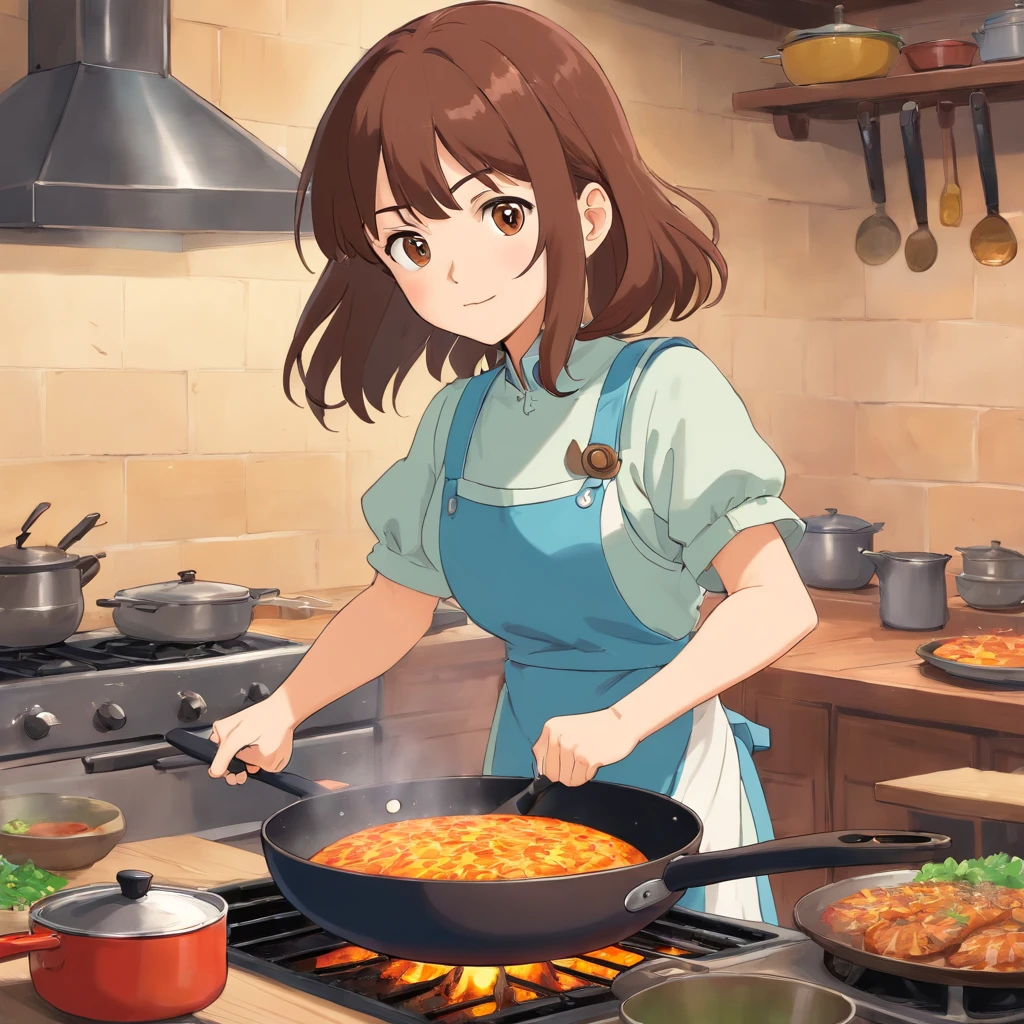 Flat anime style shading, anime woman, Anime-style characters, flat anime style,house wife、Have a frying pan, Brown hair, pinafore, Powerful Pose、kitchin, Powerful anime girl,illustratio、
