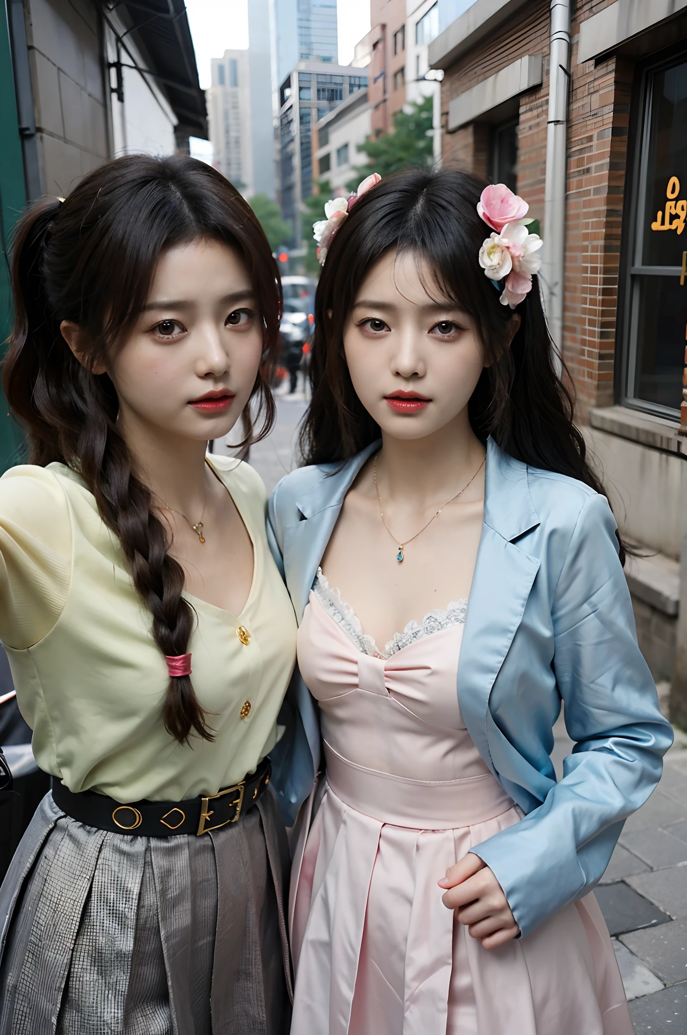 Best quality, Masterpiece, Extremely detailed, high resolution, 4K, 超高分辨率, Detailed shadows, Perfect light and shadow,duo, Two girls in fashionable clothes take selfies on the street, Paisagem urbana de fantasia,colorful pigtail, anime cosplaying, Anime style mixed with Fujifilm, Cute, big laughter, , Sexy,(Alebriès Art Style),PureErosFace_V1,Urzang-6500-V1 version.1,fantasyoutfit,The princess's eyes were round,Dream necklace,Fantastic ribbons,Dream rings,Fantastic jewelry,Fantastic hair accessory,Dream belt,Studio light,