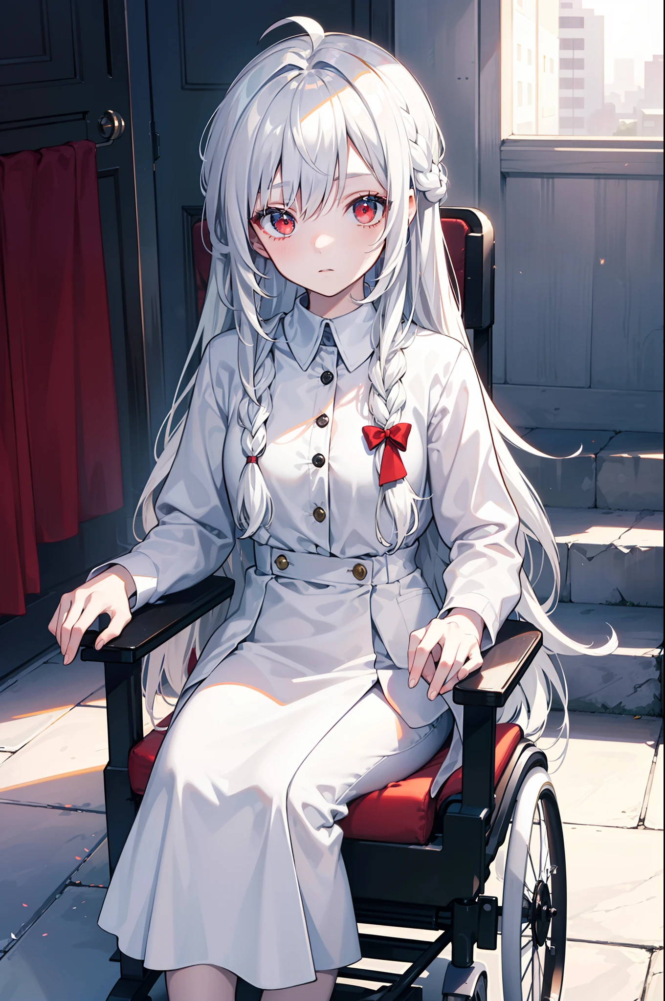 (masterpiece:1.5) (bestquality) highlydetailed, ultra-detailed, (color:pale), (light:golden hour lighting), (solo), (1girl), detailedeyes, 1girl,bishoujo,stare,red eyes,beautiful detailed eyes,long hair,white hair,silver_hair,Wing-like bangs,Dull hair,ahoge,Hair rings,braid, cold(hair color:white), (expressiveless), (clothing:casual), (wheelchair),with a simple background,white backgrounid