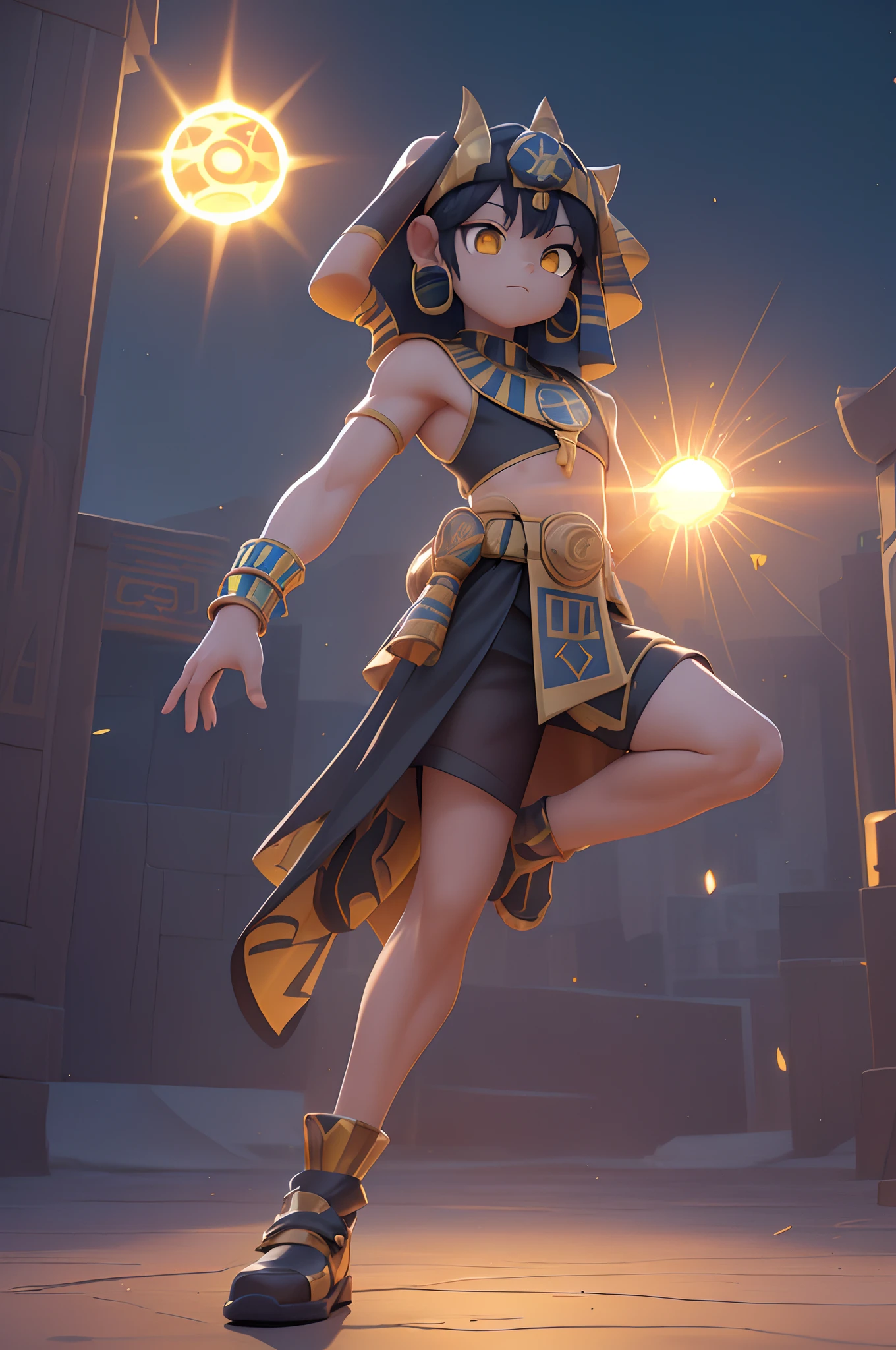 (Dynamic Angle:1.4), ((Full body posing:1.5), (Colorful:1.2), (Highly detailed CG Unity 16K wallpaper:1.1), (Denoising strength: 1.45), (tmasterpiece:1.37), ((Official art)), of the highest quality, (Realistic), Male , (Short-cut hair:1.2),(Costume of Sun God Ra:1.5),Golden hair,Glowing eyes,(yellow eyes:1.2),((Poses in motion:1.4)),((Costume of Sun God Ra:1.3)),wires, (LED:1.3), (a hologram:1.2),(The sun overhead:1.3), futuristic city street, highrise buildings, (Night:1.2), (Rainbow Model:1.2), 8K resolution, (Anime style:1.3), Cinematic lighting, chromatic abberation, spark of light, Ray tracing, blending, ultra wide-angle, Hasselblad, (masutepiece), (masutepiece), ((Best Quality)), ((masutepiece)), nffsw