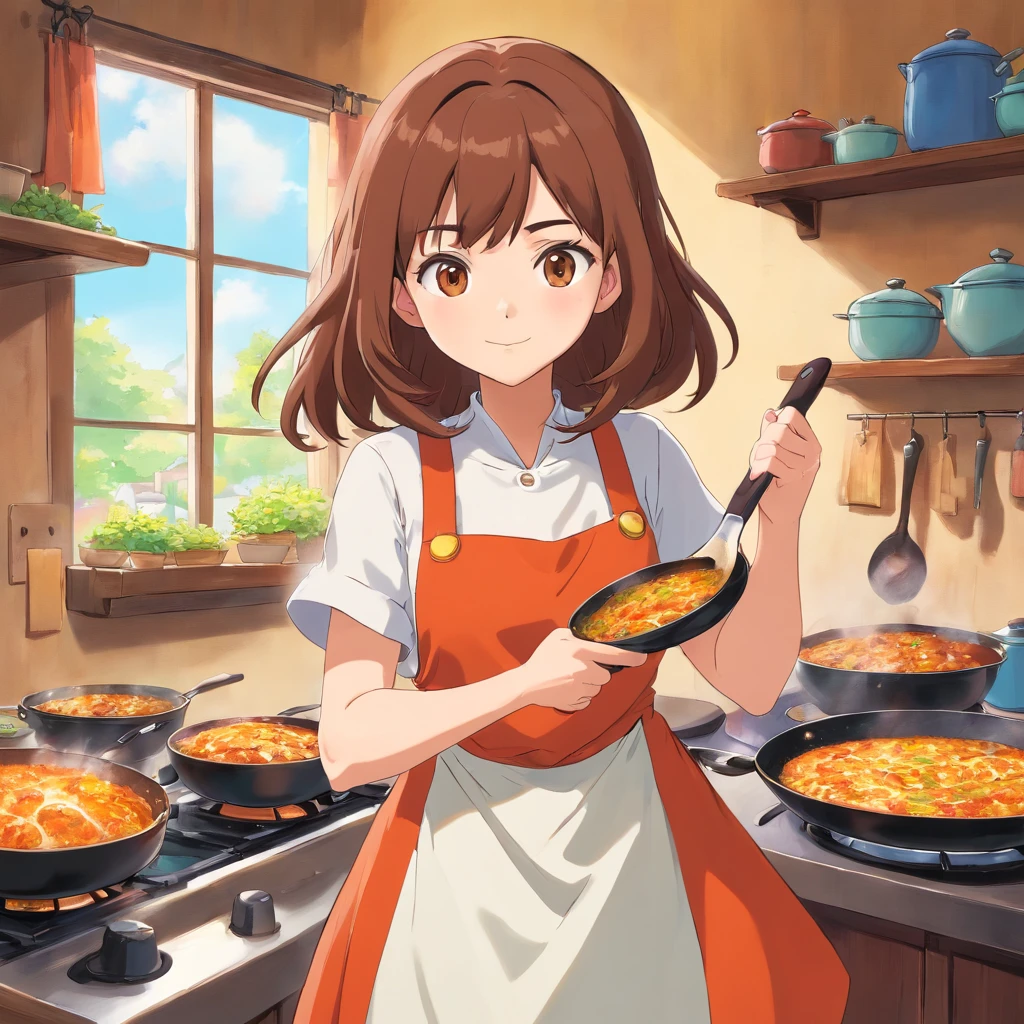 Flat anime style shading, anime woman, Anime-style characters, flat anime style,house wife、Have a frying pan, Brown hair, pinafore, Powerful Pose、kitchin, Powerful anime girl,illustratio、