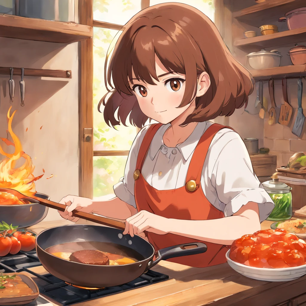 Flat anime style shading, anime woman, Anime-style characters, flat anime style,house wife、Have a frying pan, Brown hair, pinafore, Powerful Pose、kitchin, Powerful anime girl,illustratio、