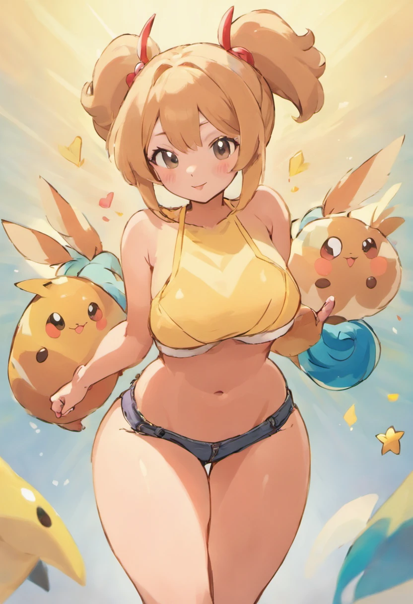 Big breasts, big crop top, big butt, small tight Jean shorts, tan skin