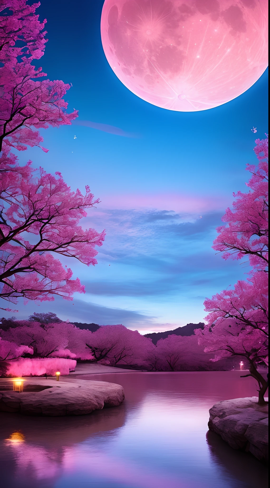 Pink moon, pink sky, soft pink clouds, pink ocean waves sparkling, sparkling, pink roses on pink ocean, fantasy, diamond, crown, universe, soft lights,