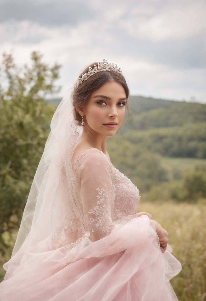 (Full body photograph of 1 girl dressed as a bride with large transparent veil and pink color dress + suave e delicado)+(Vestido longo em cores brilhantes, Luz brilhante, Cabelo loiro longo e liso + Olhos brilhantes e acolhedores)+(pink petals+ Brisa suave+ with blue sky and white clouds + Bosques verdes)),upper body