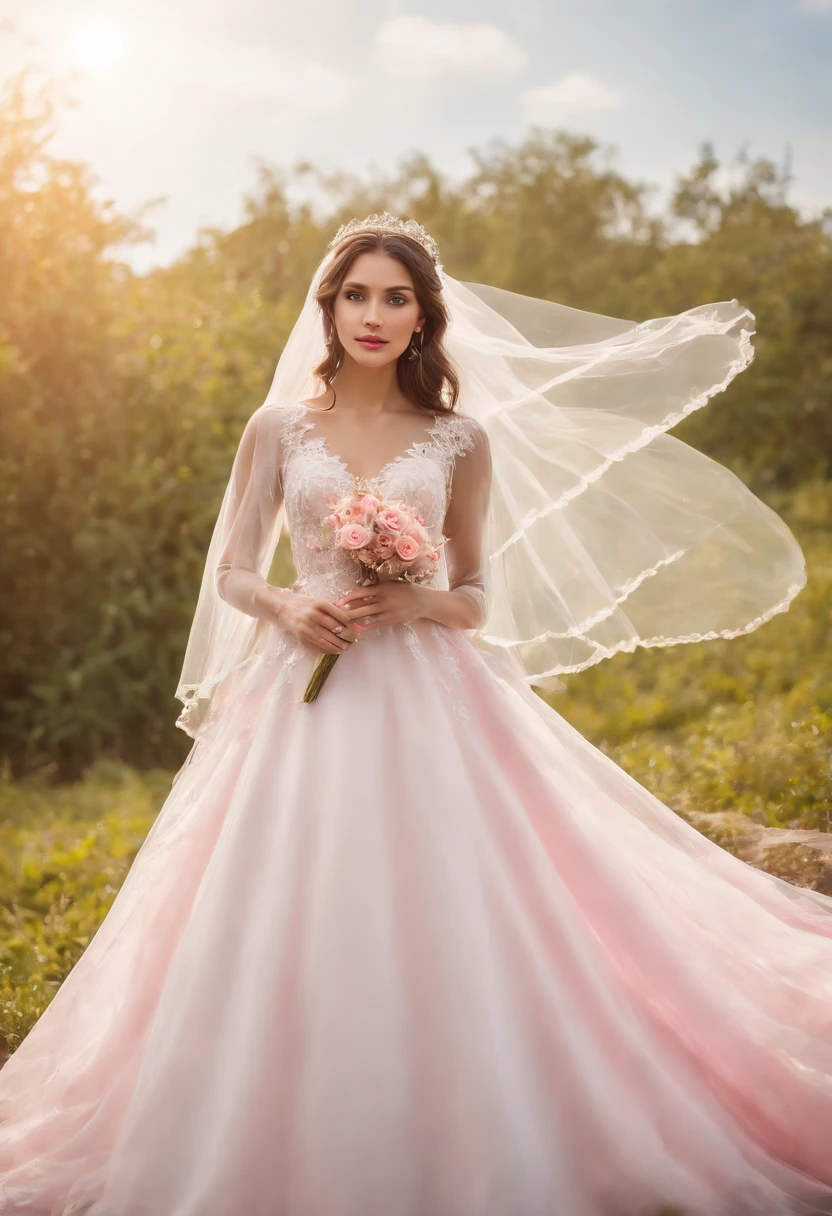 (Full body photograph of 1 girl curly hair wedding dress with large transparent veil and pink dress + suave e delicado +)+(Vestido longo em cores brilhantes, Luz brilhante, Cabelo loiro longo e liso + Olhos brilhantes e acolhedores)+(pink petals + Brisa suave + with blue sky and white clouds + Bosques verdes e floridos)