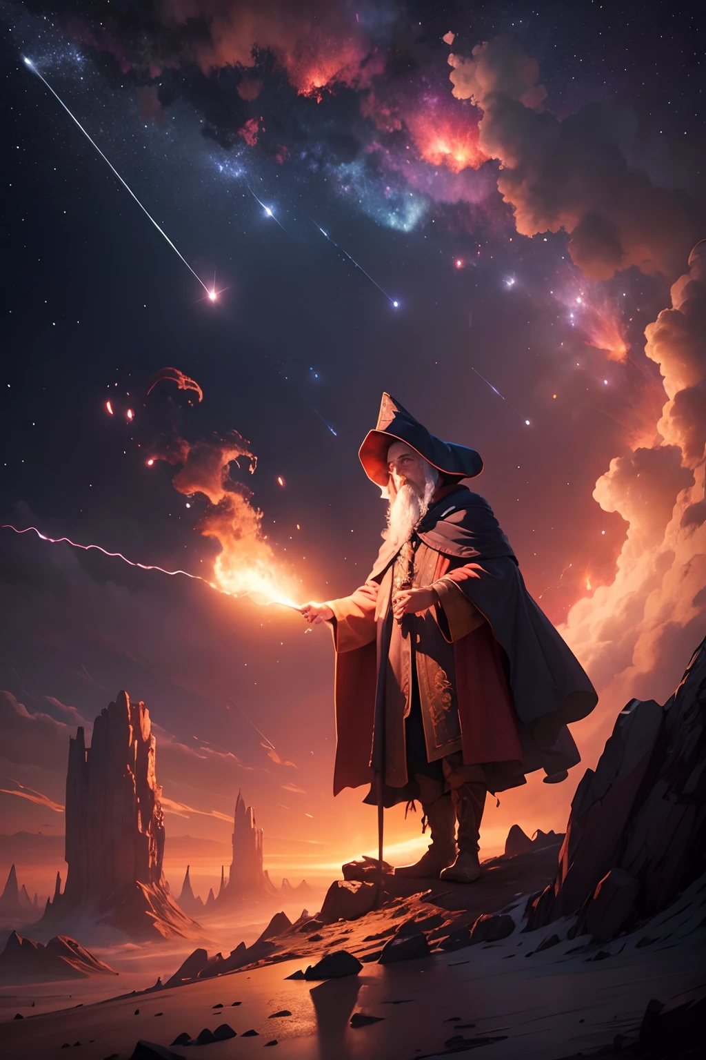 wizard conjuring meteor shower, in an epic scene, action photo, 8k footage, fire red sky,