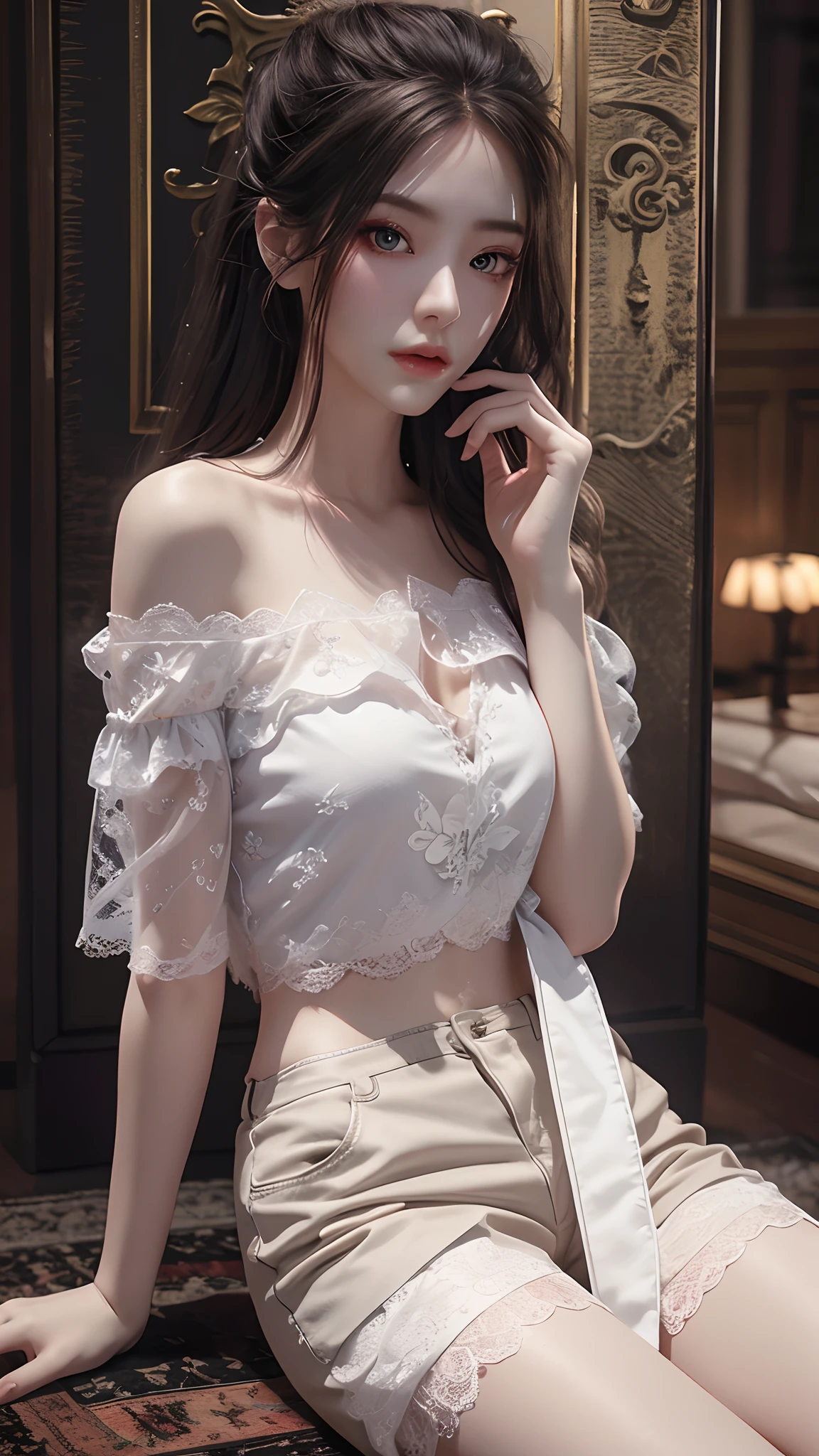 Best quality, masterpiece, ultra high res, (photorealistic:1.4), raw photo, 1woman hottie of 32 years old, goddess, off shoulder, pijama lace short pants, cinematic lighting