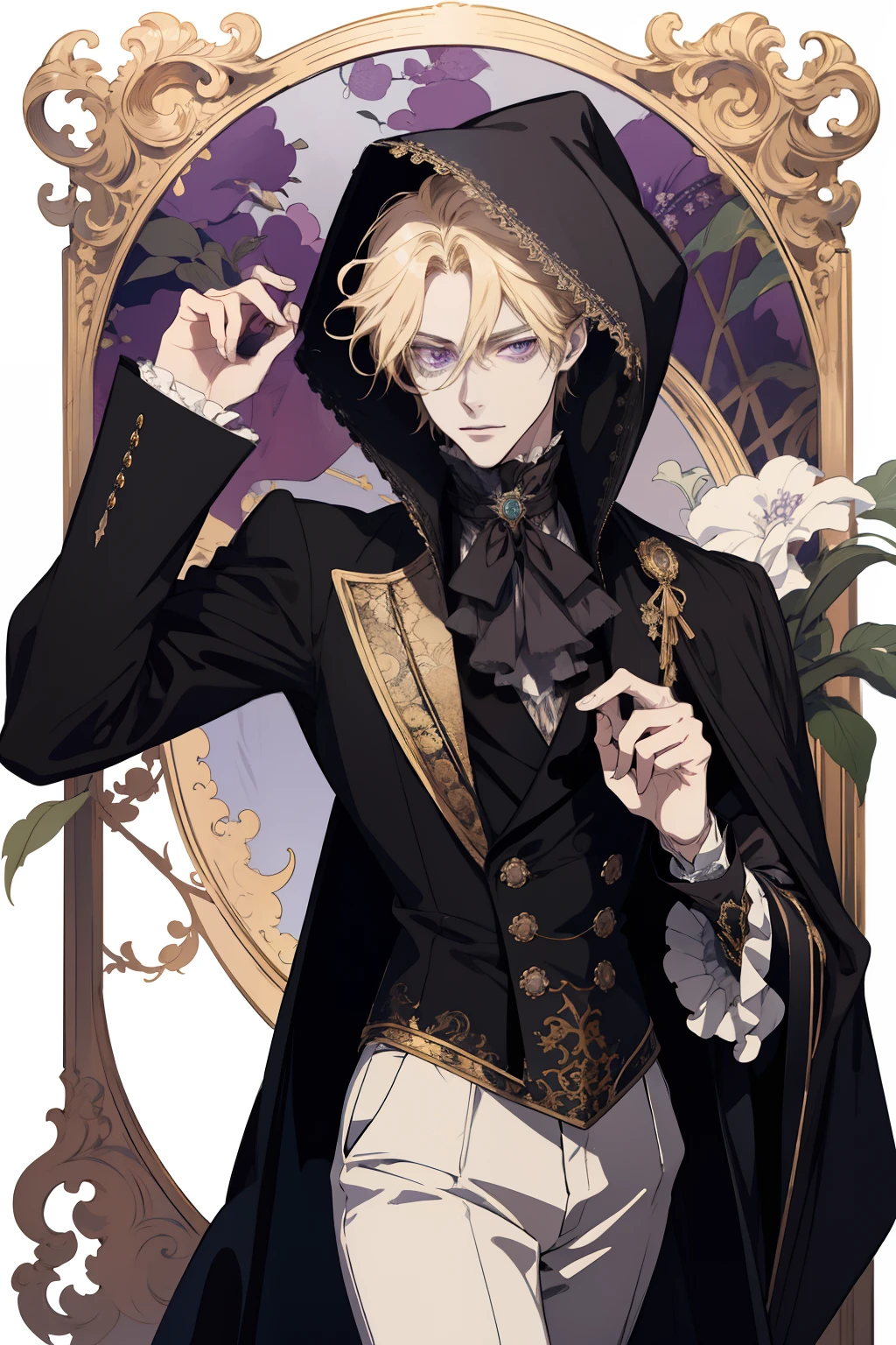 masterpiece, (absurdres:1.1), best quality, extremely delicate, Victorian era badass anime drawing of a man Regal Victorian era character masterpiece, (absurdres:1.1), best quality, extremely delicate, Victorian era badass anime drawing of a man Regal Victorian era inspired a close up character portrait, [ character design ], demon slayer rui fanart, [[[[grinning evily]]]] natural messy blonde hair Victorian era inspiration Victorian era badass anime drawing of a man Regal Victorian era inspired a close up of a person from critical LONG BLACK CLOAK hood up role, with clothes underneath beautiful delicate inspired by Clovis Trouille, character design portrait, male character design, a drawing of a man in a suit with a gold trim, beautiful androgynous prince, delicate androgynous prince, in the art style of bowater, inspired in kris from deltarrune, portrait blond prince, hair slightly purple highly detailed exquisite fanart, inspired by Okumura Masanobu, handsome prince, inspired by Prince detailed character portrait, a character portrait, [ character design ], crisp clear rpg portrait, human male character art, official character art complete Full body shot purple eyes