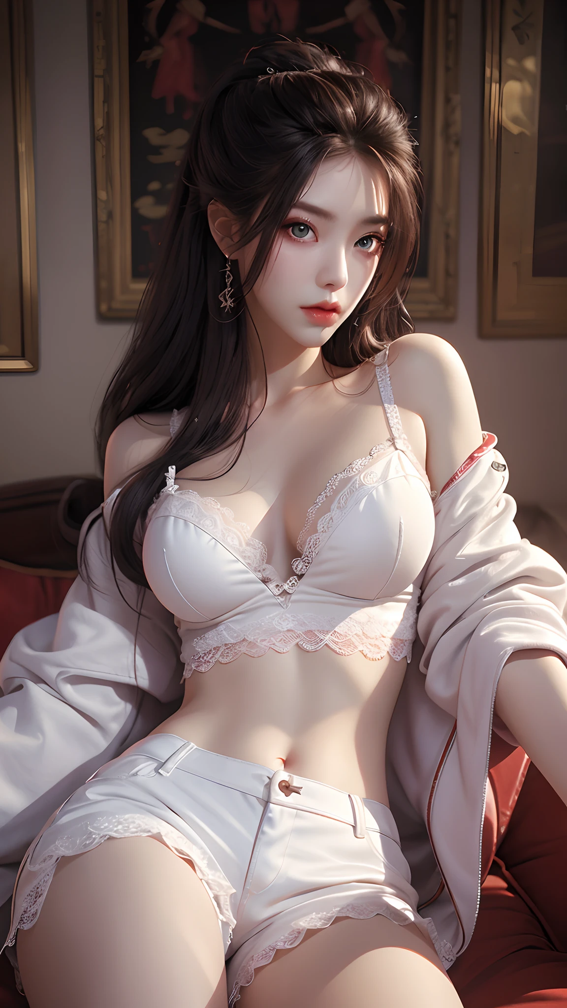 Best quality, masterpiece, ultra high res, (photorealistic:1.4), raw photo, 1woman hottie of 32 years old, goddess, off shoulder, pijama lace short pants, cinematic lighting