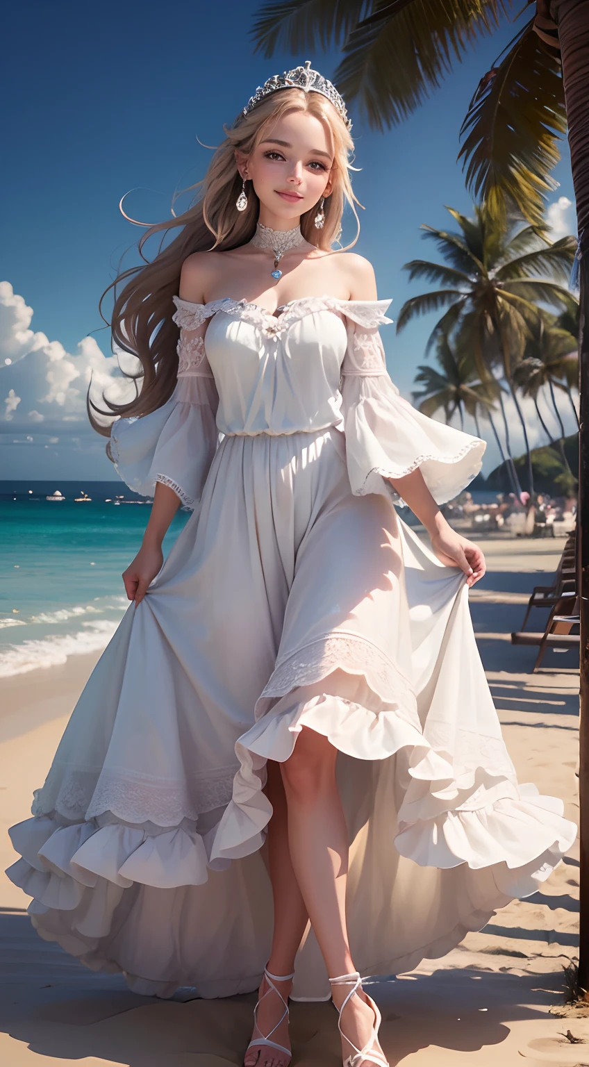 Very beautiful European style princess, portrait photo, beach, standing straight, head and ankles straight, smiling, wearing earrings, 4k resolution, beautiful slim hands
